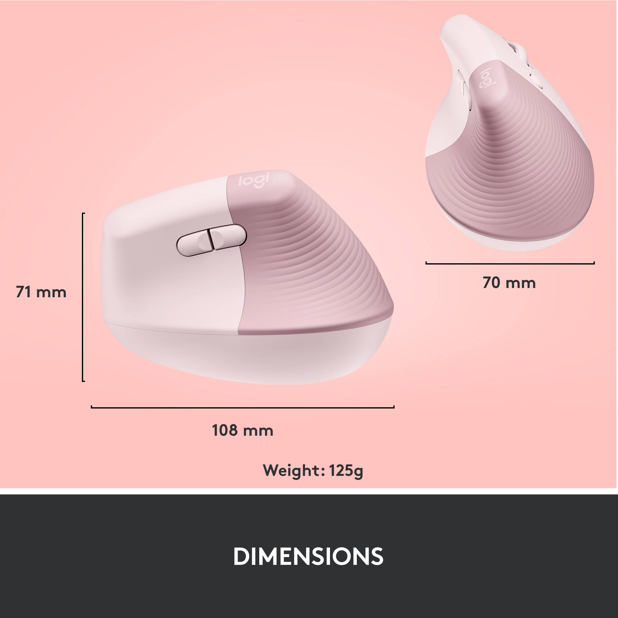 Logitech Lift vertical ergonomic wireless mouse in Rose — view 10