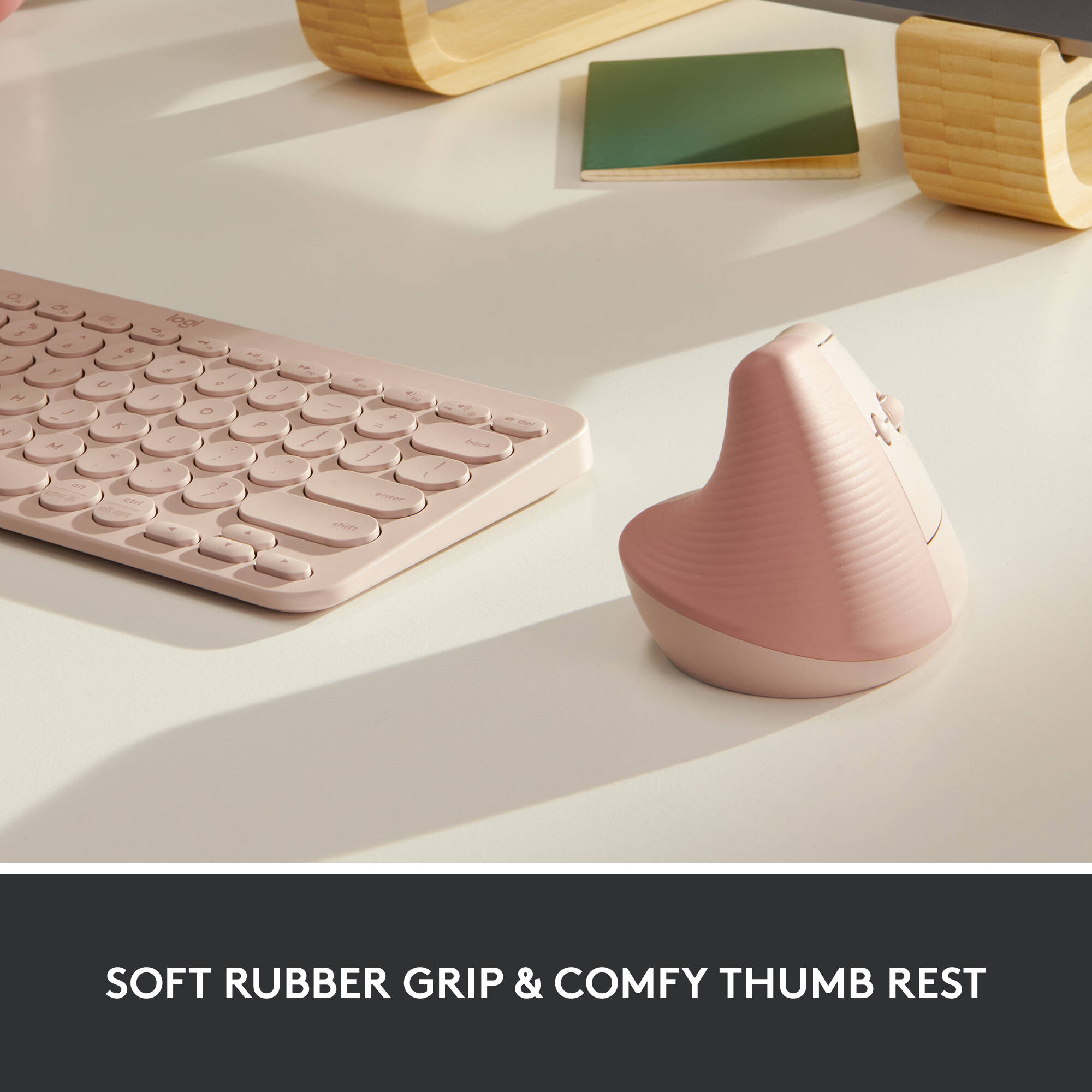 Logitech Lift vertical ergonomic wireless mouse in Rose — view 2