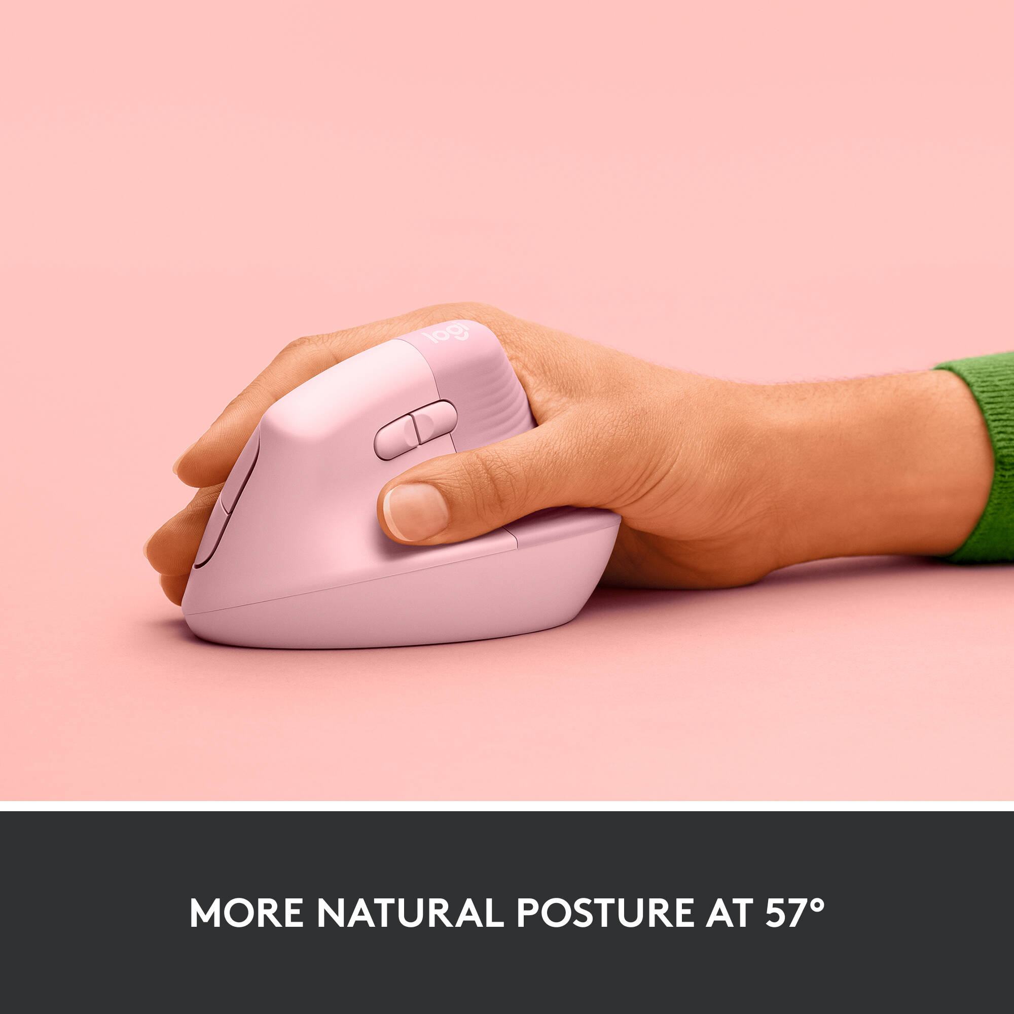 Logitech Lift vertical ergonomic wireless mouse in Rose — view 3