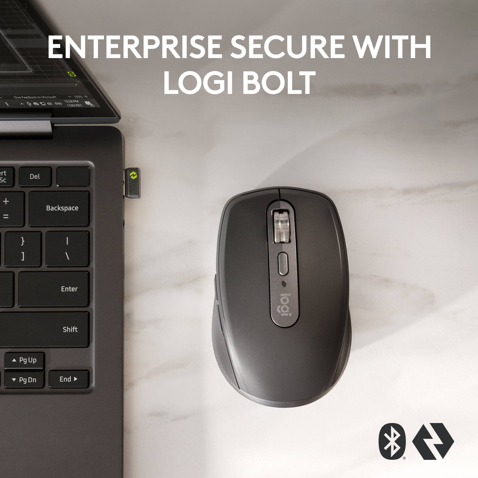 This compact mouse makes both IT help desks and on-the-move employees happy.  8000 DPI tracking, Quiet Clicks, and customizable with Logi Options+. Connects securely via Logi Bolt Bluetooth wireless. GRAPHITE. — view 2