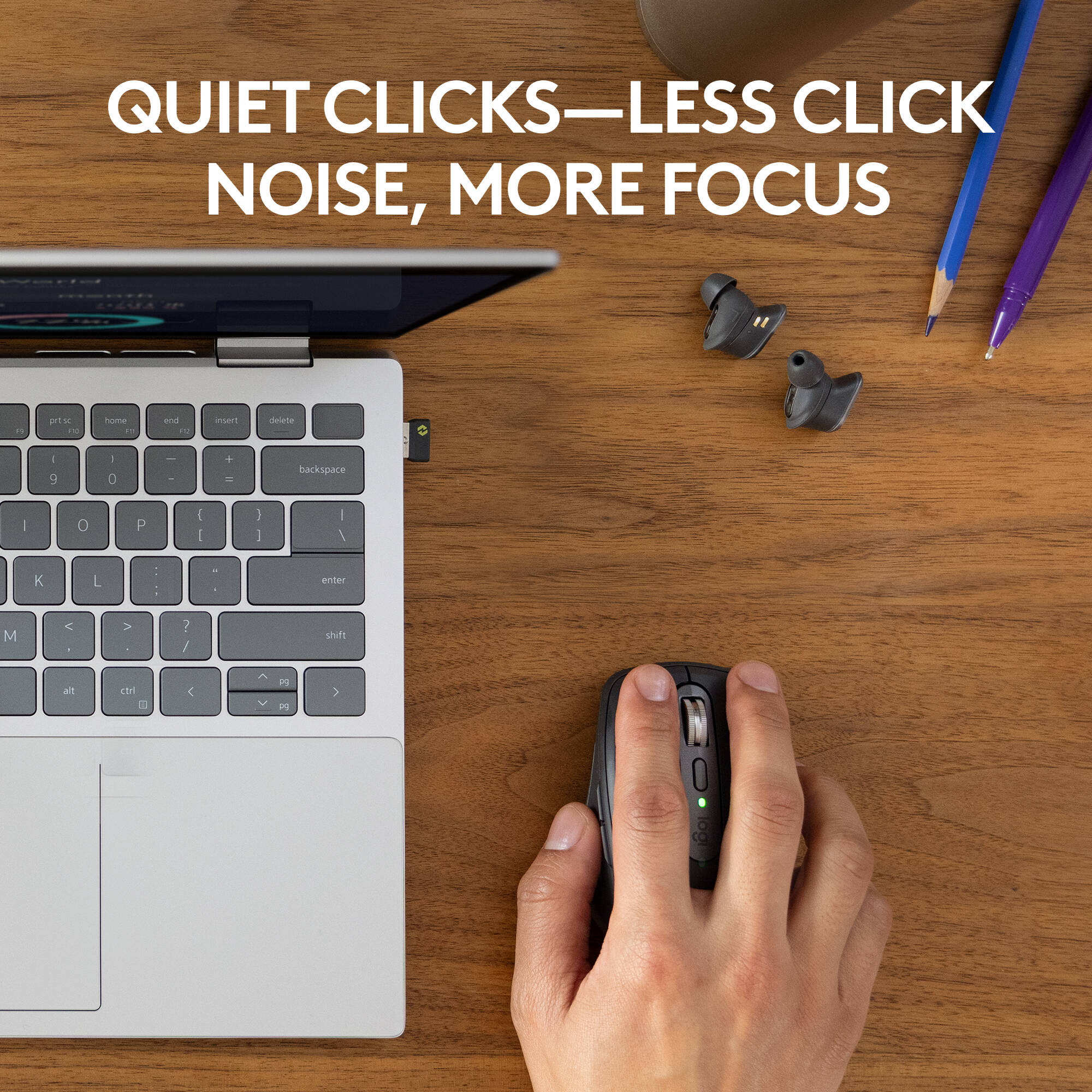 This compact mouse makes both IT help desks and on-the-move employees happy.  8000 DPI tracking, Quiet Clicks, and customizable with Logi Options+. Connects securely via Logi Bolt Bluetooth wireless. GRAPHITE. — view 4