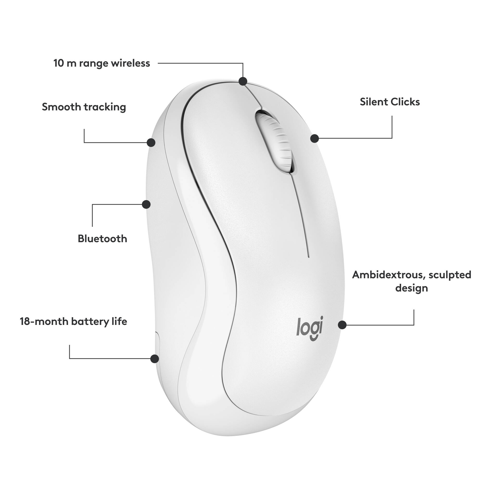 Logitech M240 Silent Bluetooth Mouse in Off-white, ambidextrous low-noise design — view 7