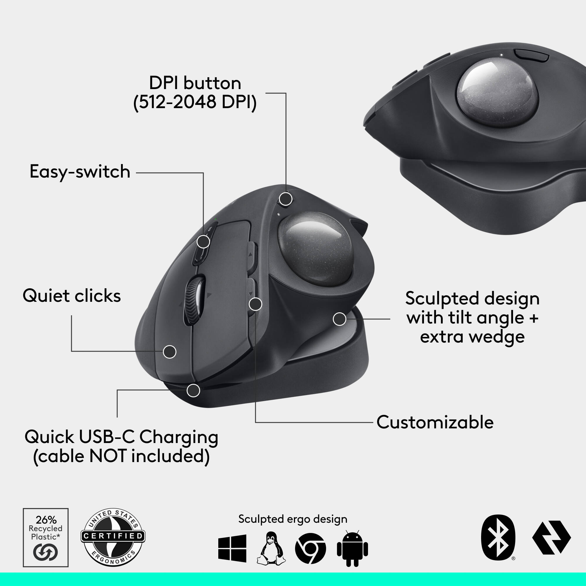 Logitech MX Ergo S Plus Graphite ergonomic wireless trackball mouse — view 6