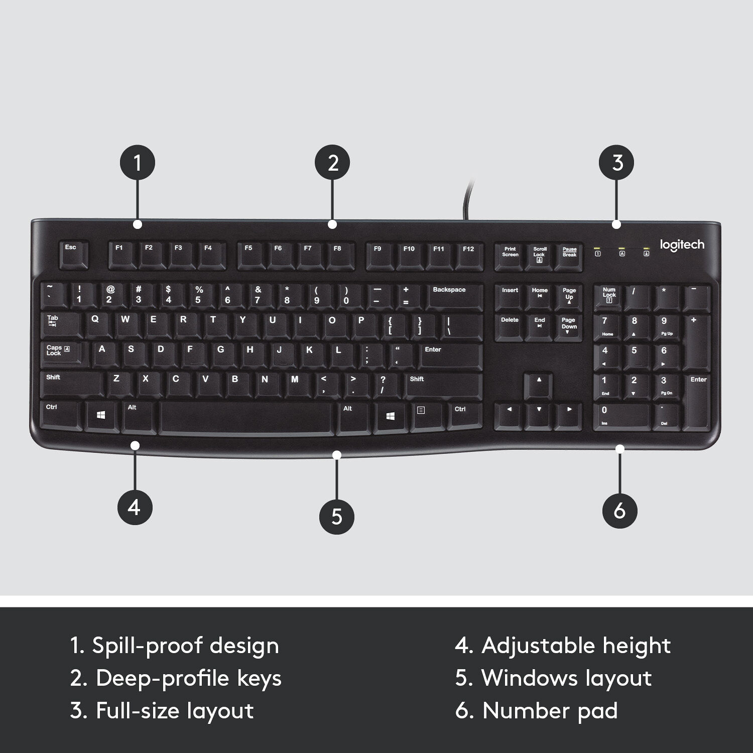Logitech K120 full-size wired USB keyboard with quiet keys and slim profile — view 6
