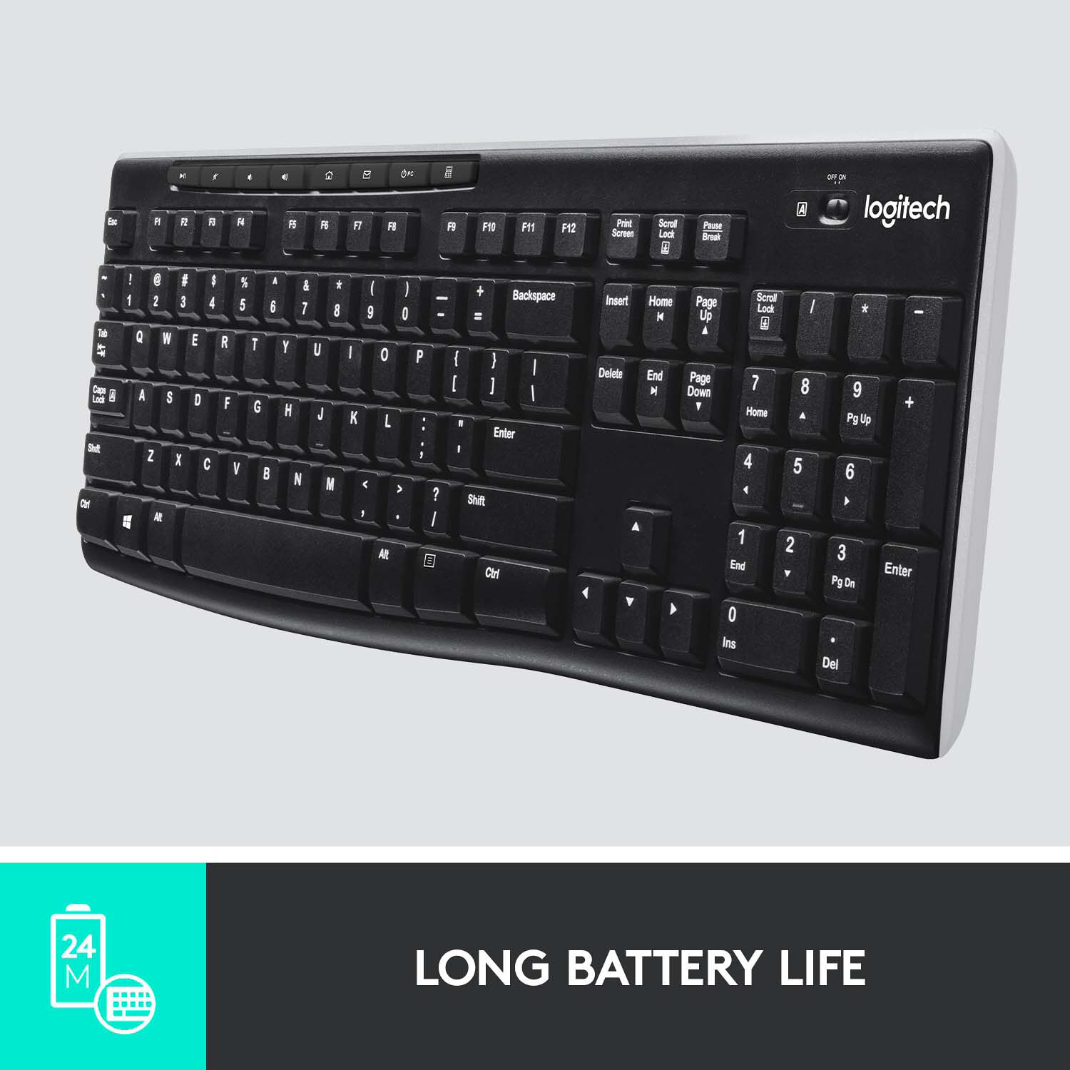 Logitech K270 wireless keyboard with full-size layout and USB receiver — view 3