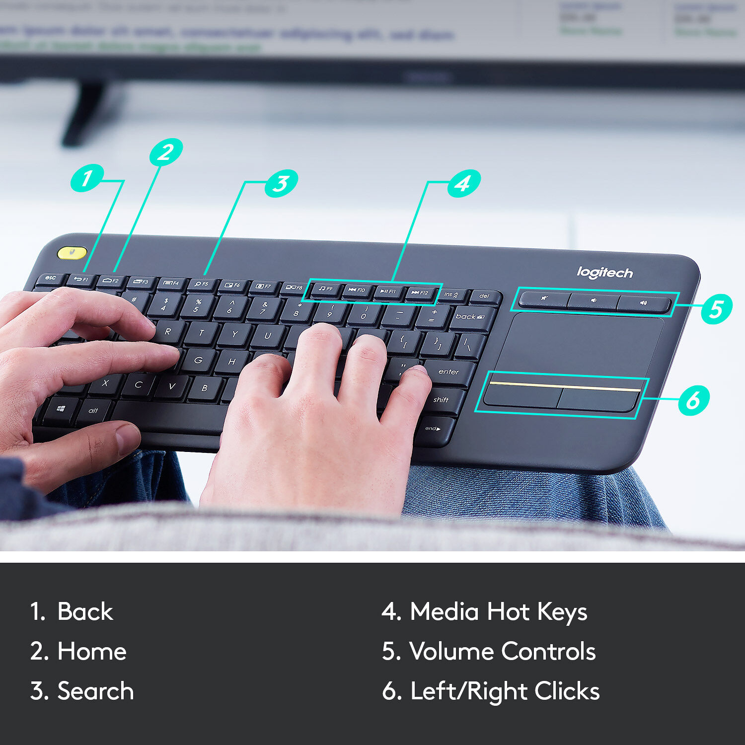 Logitech K400 Plus wireless keyboard with integrated touchpad for Smart TV and couch control — view 4
