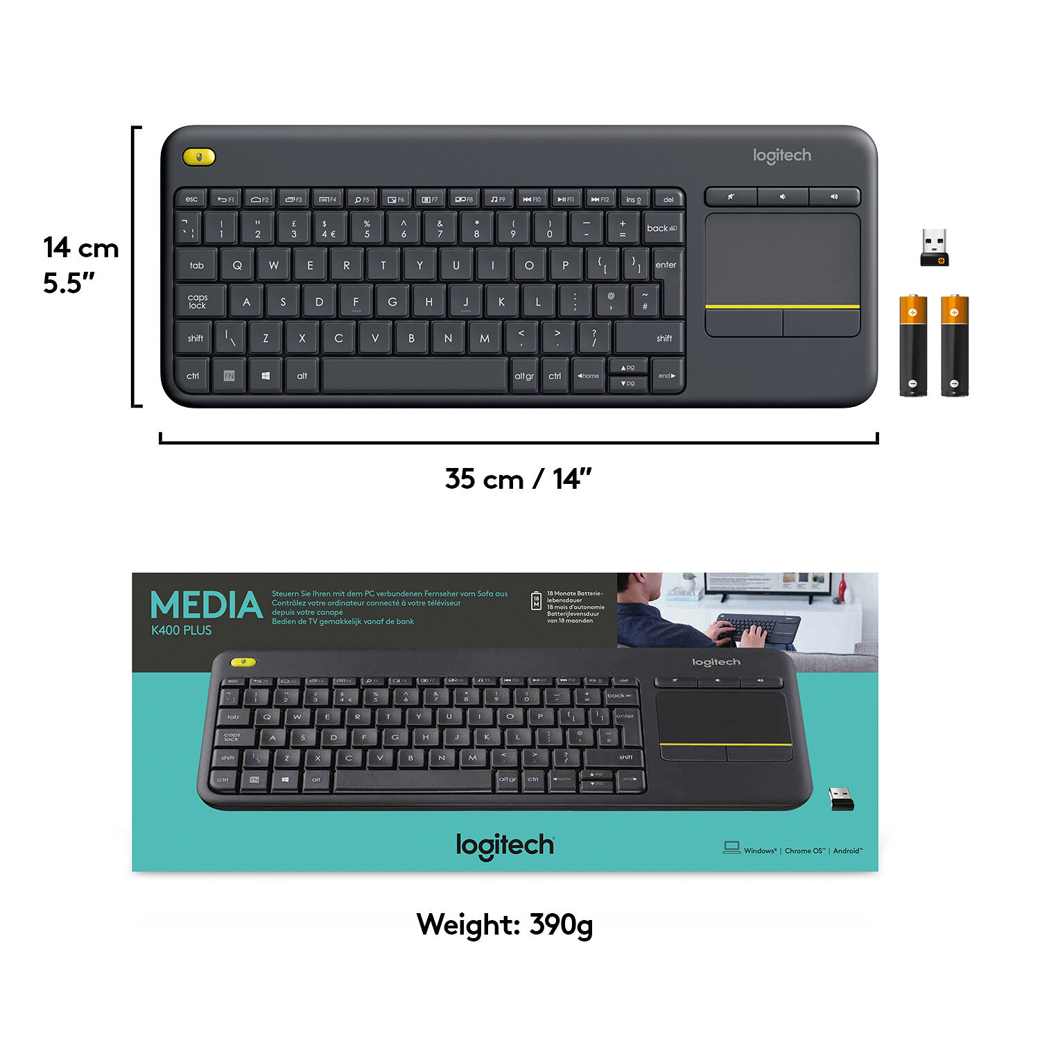 Logitech K400 Plus wireless keyboard with integrated touchpad for Smart TV and couch control — view 8