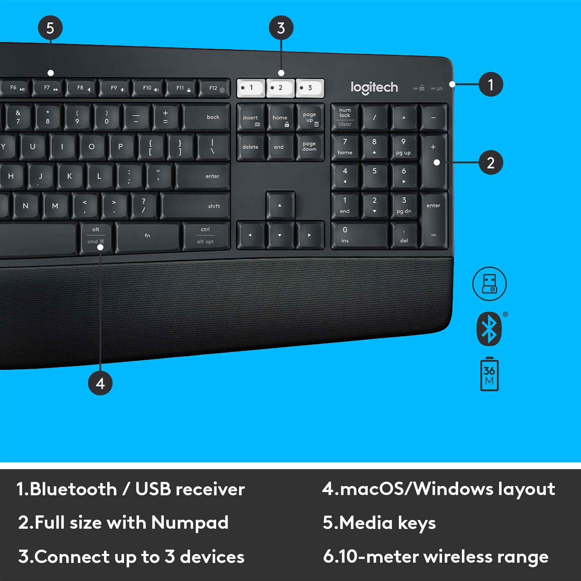 Logitech MK850 Performance wireless keyboard and mouse combo with full-size keyboard and contoured mouse — view 7