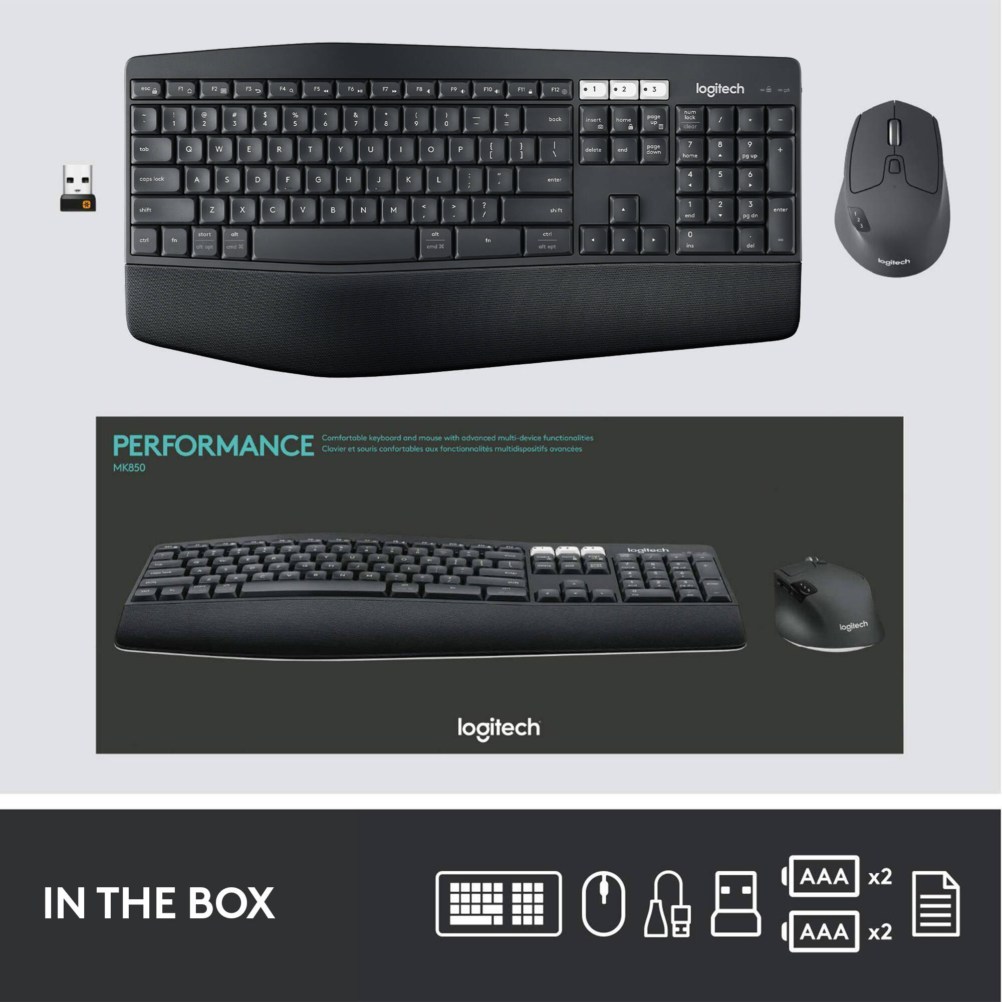 Logitech MK850 Performance wireless keyboard and mouse combo with full-size keyboard and contoured mouse — view 9