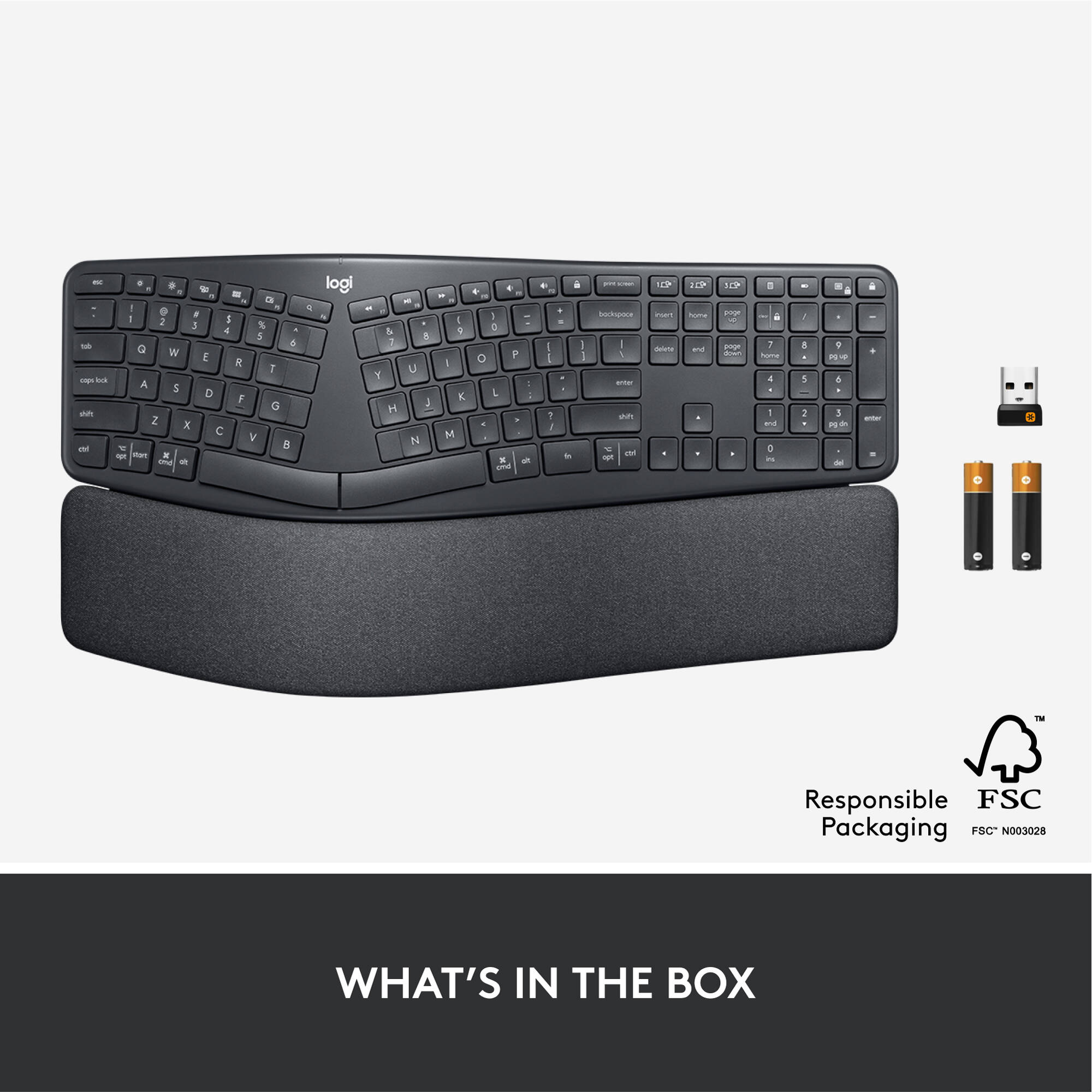 Logitech ERGO K860 ergonomic split keyboard with curved keyframe and cushioned palm rest — view 11
