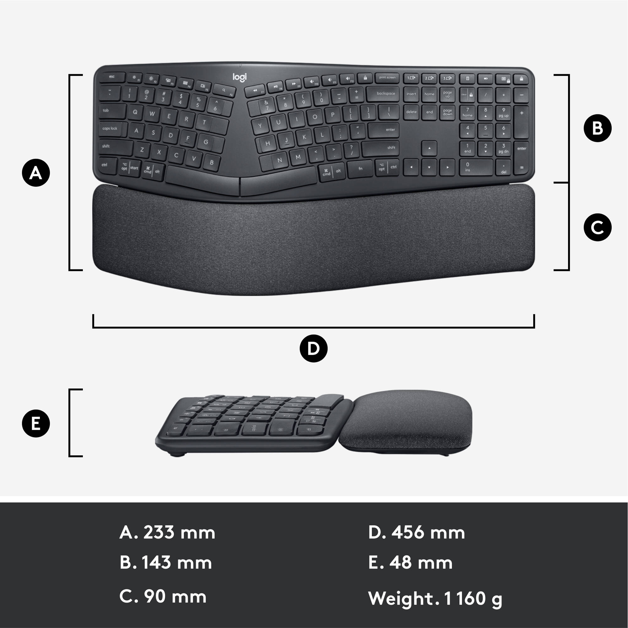 Logitech ERGO K860 ergonomic split keyboard with curved keyframe and cushioned palm rest — view 13