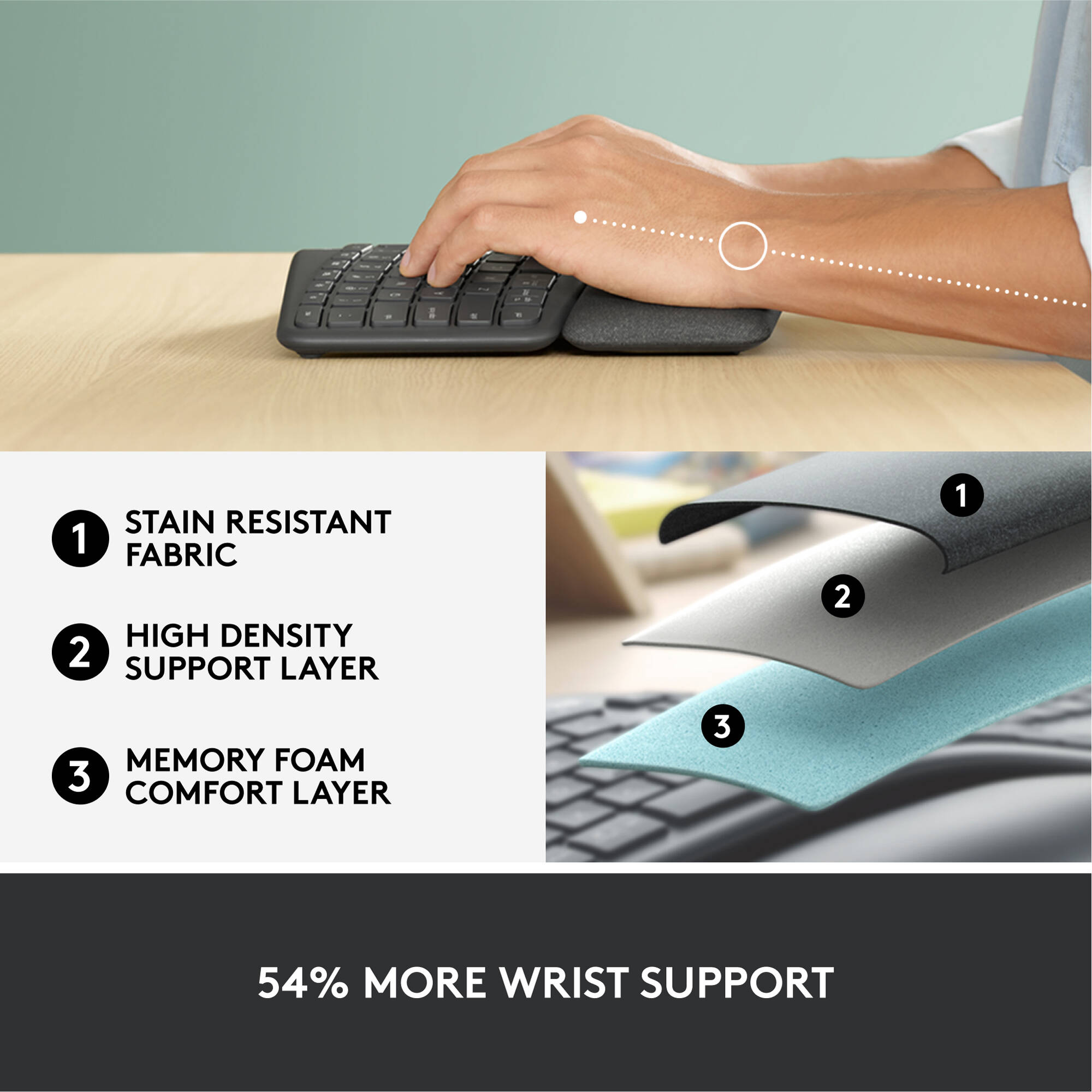 Logitech ERGO K860 ergonomic split keyboard with curved keyframe and cushioned palm rest — view 4
