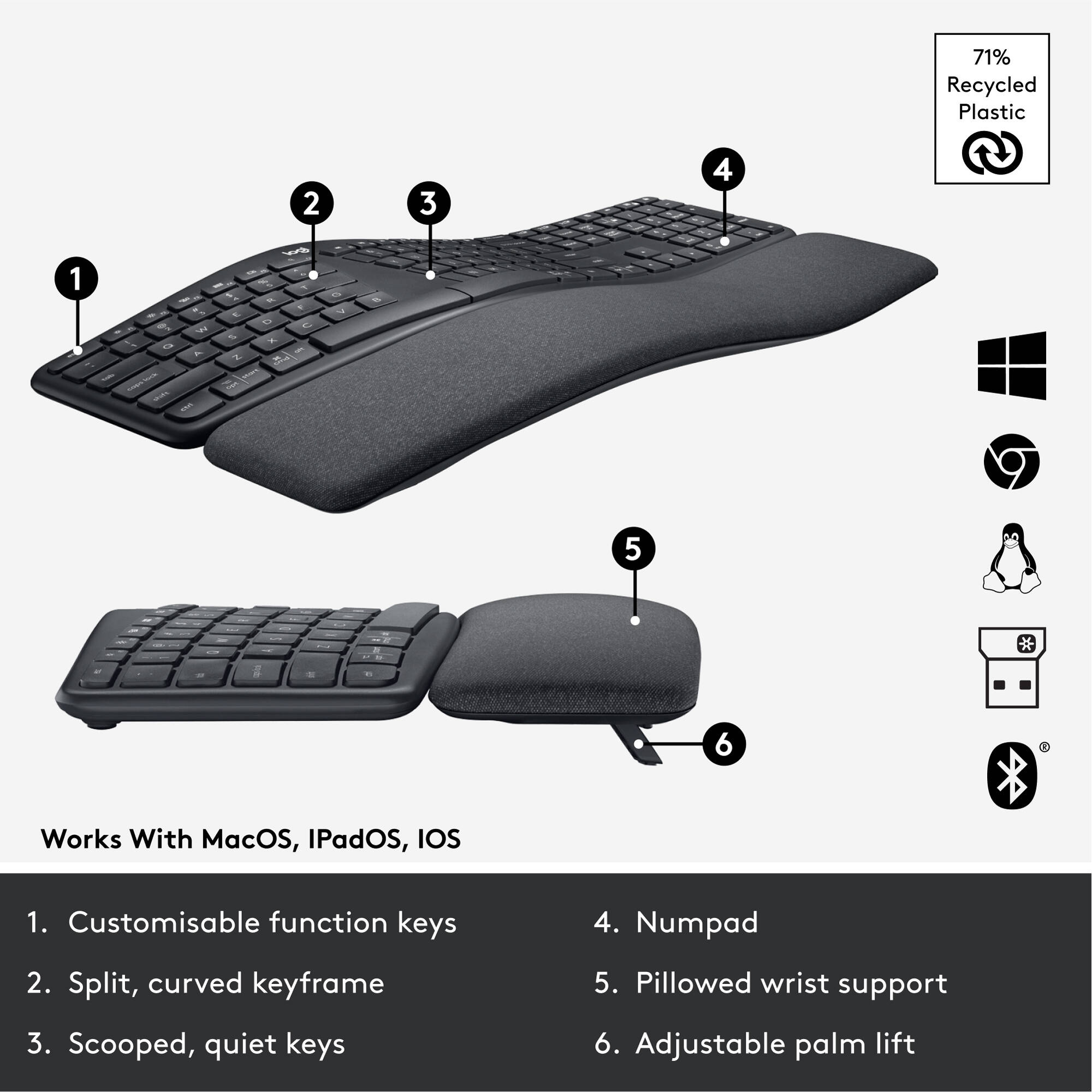 Logitech ERGO K860 ergonomic split keyboard with curved keyframe and cushioned palm rest — view 6
