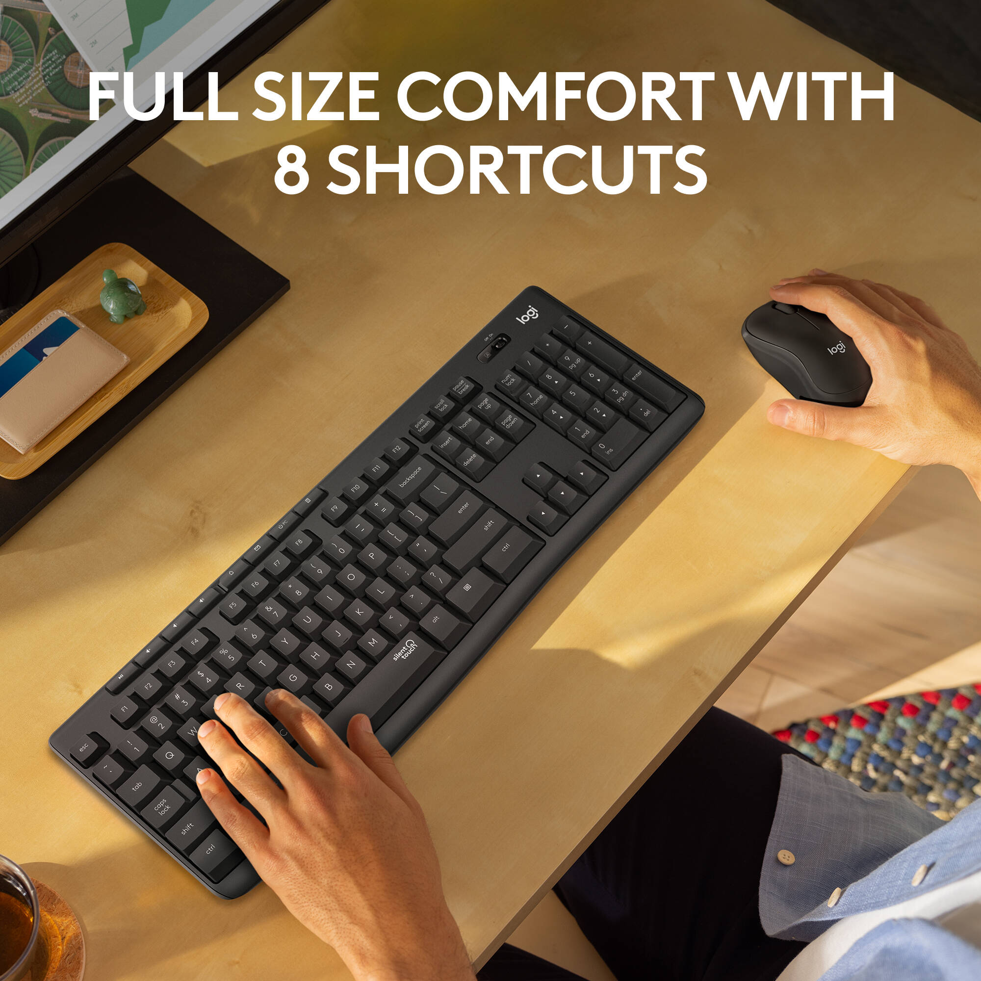 Logitech MK295 Silent Wireless Keyboard and Mouse Combo in graphite with full-size keyboard and contoured mouse — view 3