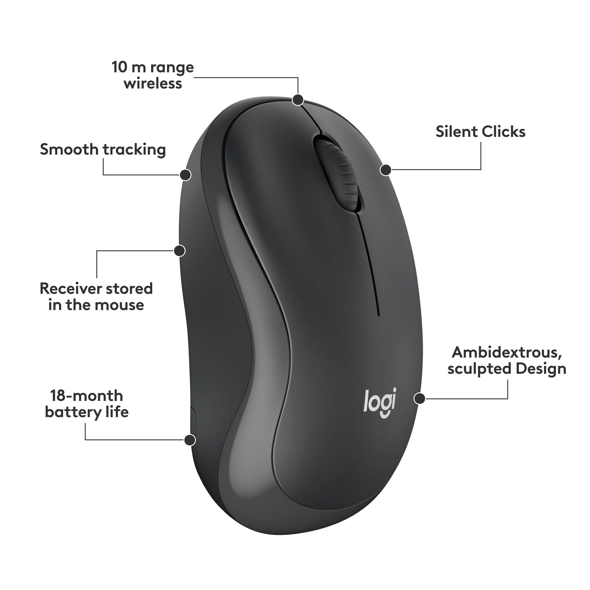 Logitech MK295 Silent Wireless Keyboard and Mouse Combo in graphite with full-size keyboard and contoured mouse — view 6