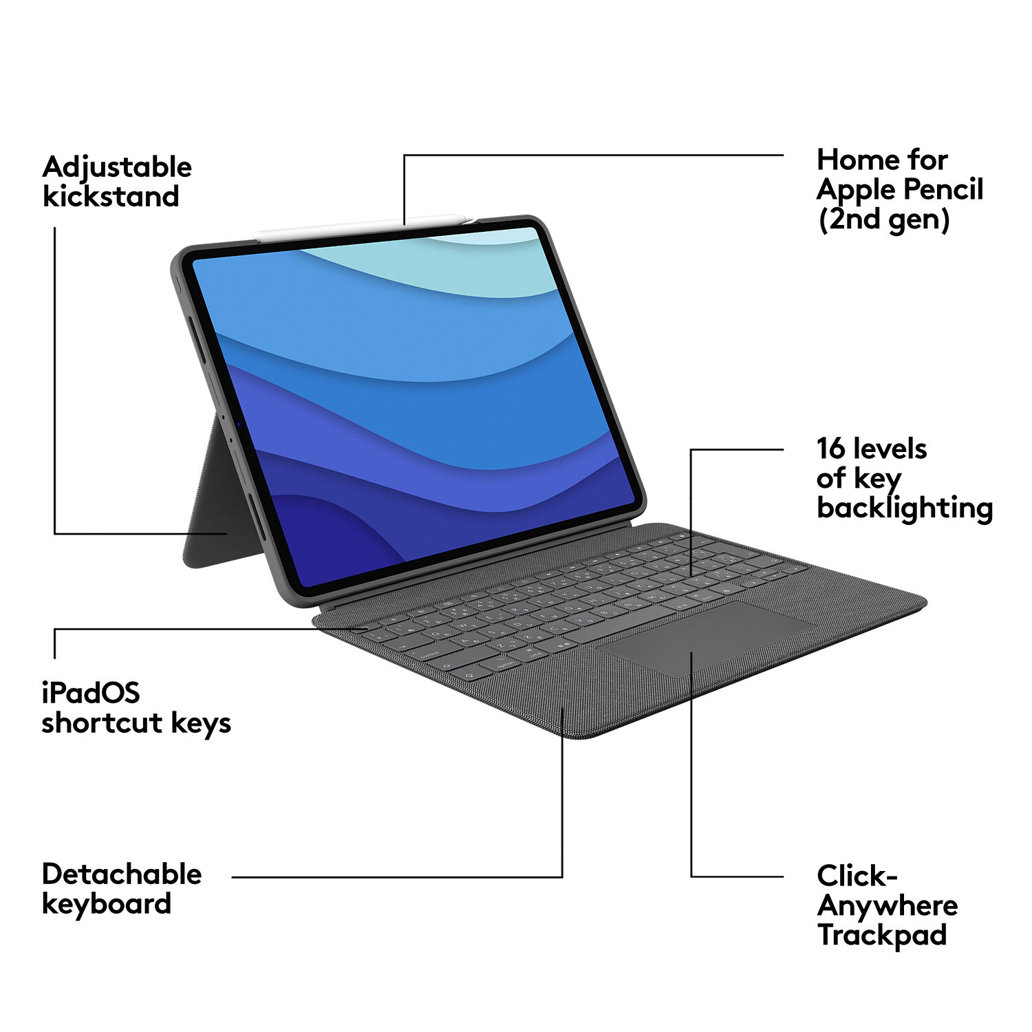Logitech Combo Touch keyboard case for iPad Pro 12.9-inch 5th generation in Oxford Gray with trackpad and backlit keys — view 7