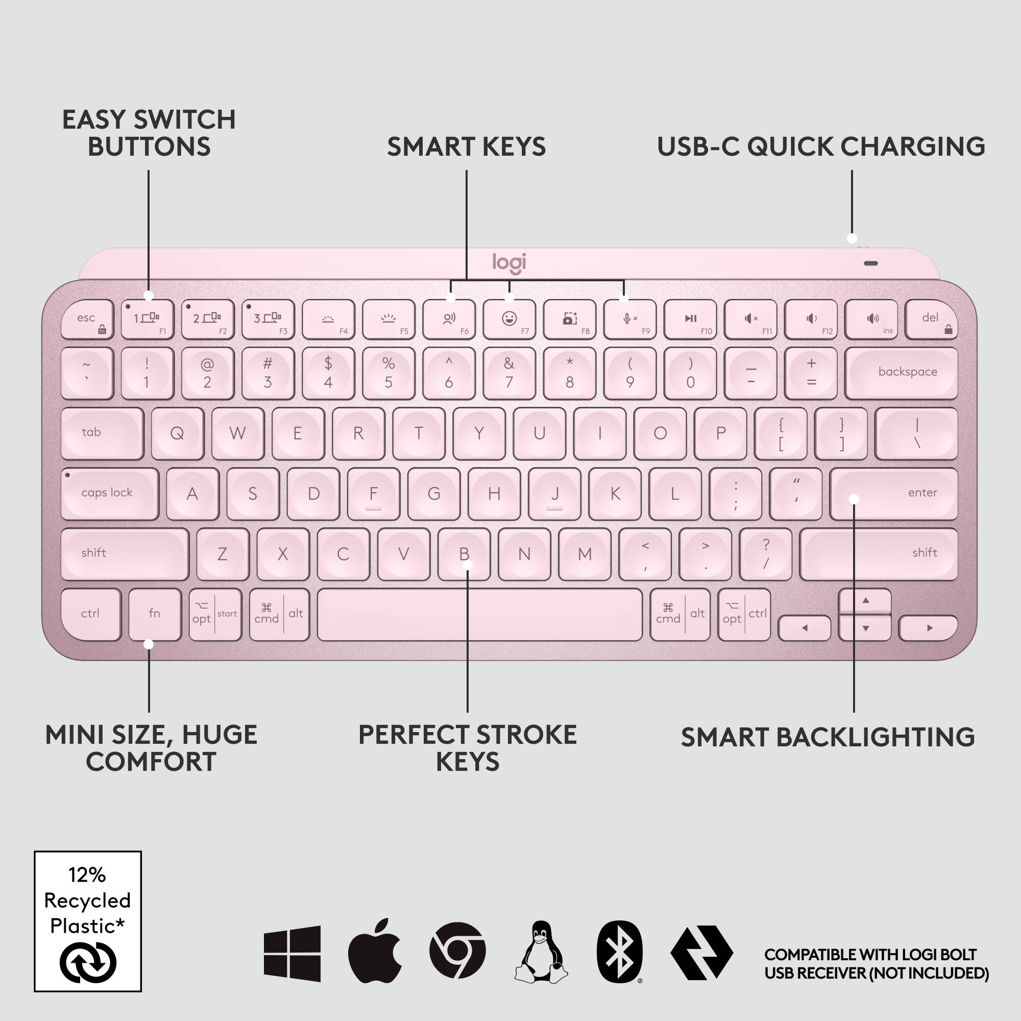 Logitech MX Keys Mini wireless compact keyboard in Rose — view 6