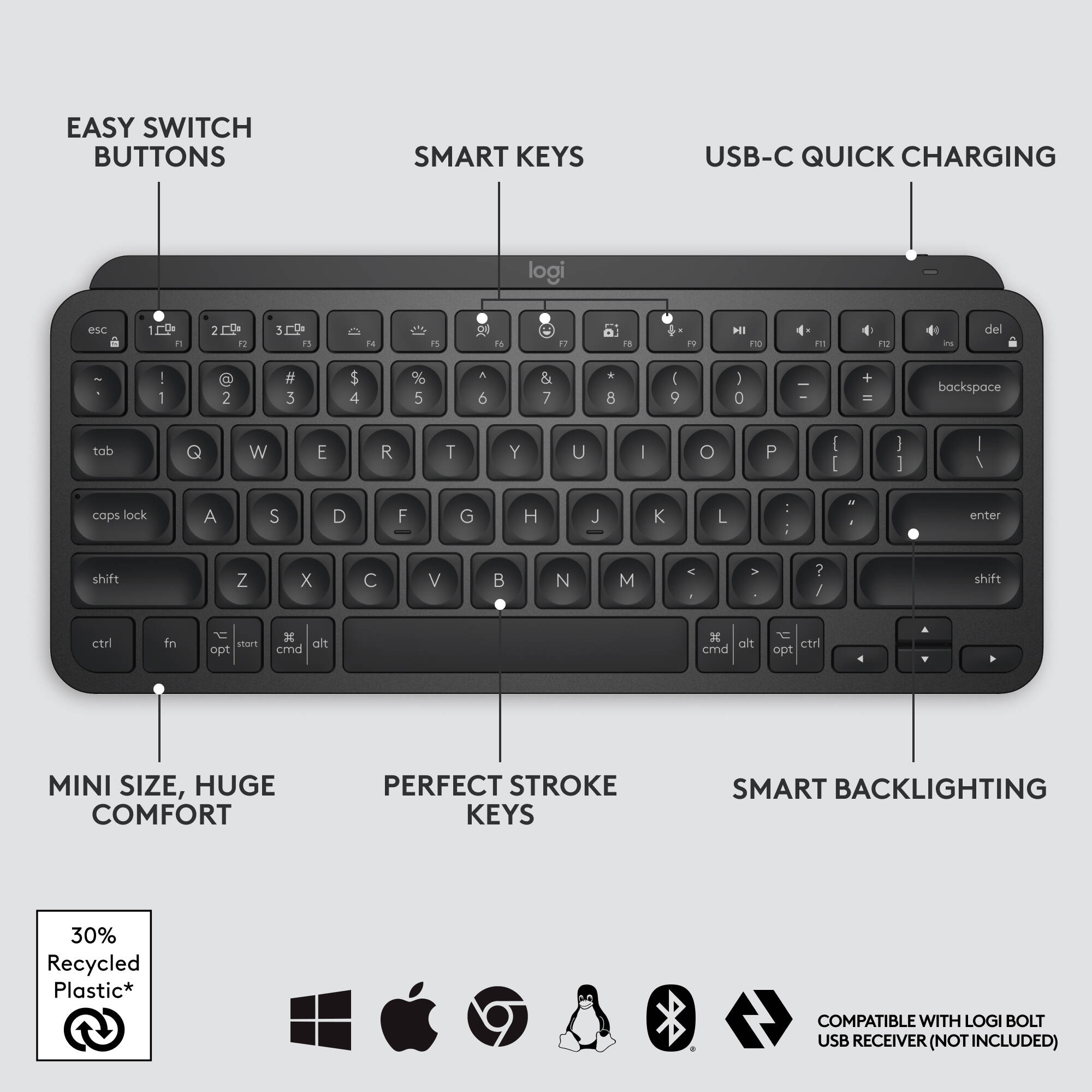 Logitech MX Keys Mini black compact wireless keyboard with backlit keys — view 6
