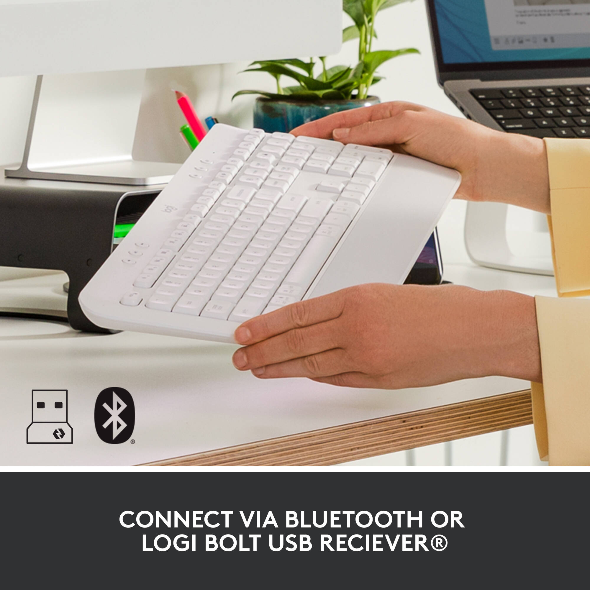 Logitech K650 Signature wireless keyboard in off-white with full-size layout and Bolt Receiver — view 4