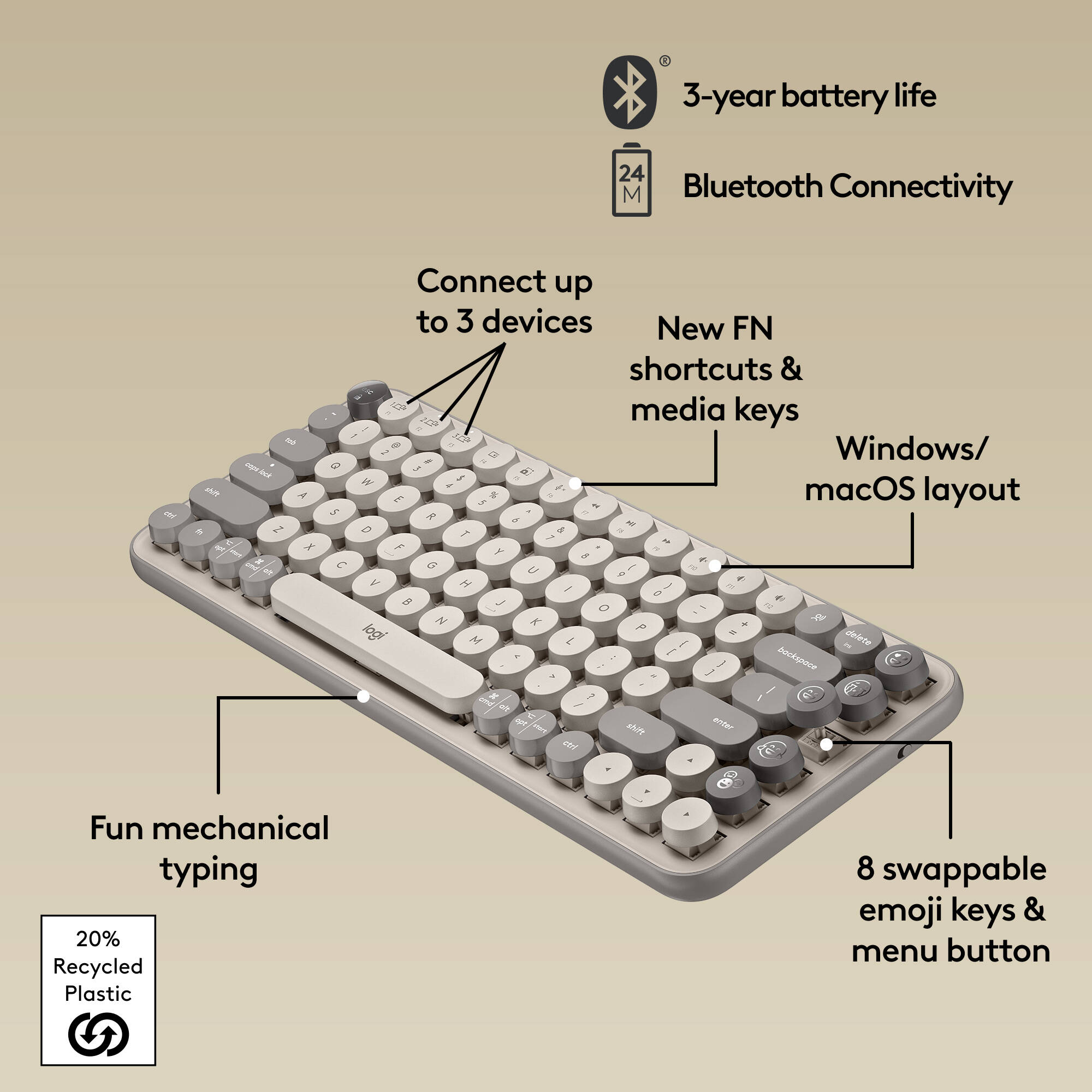 Logitech POP Keys wireless mechanical keyboard in Mist color with compact layout — view 6