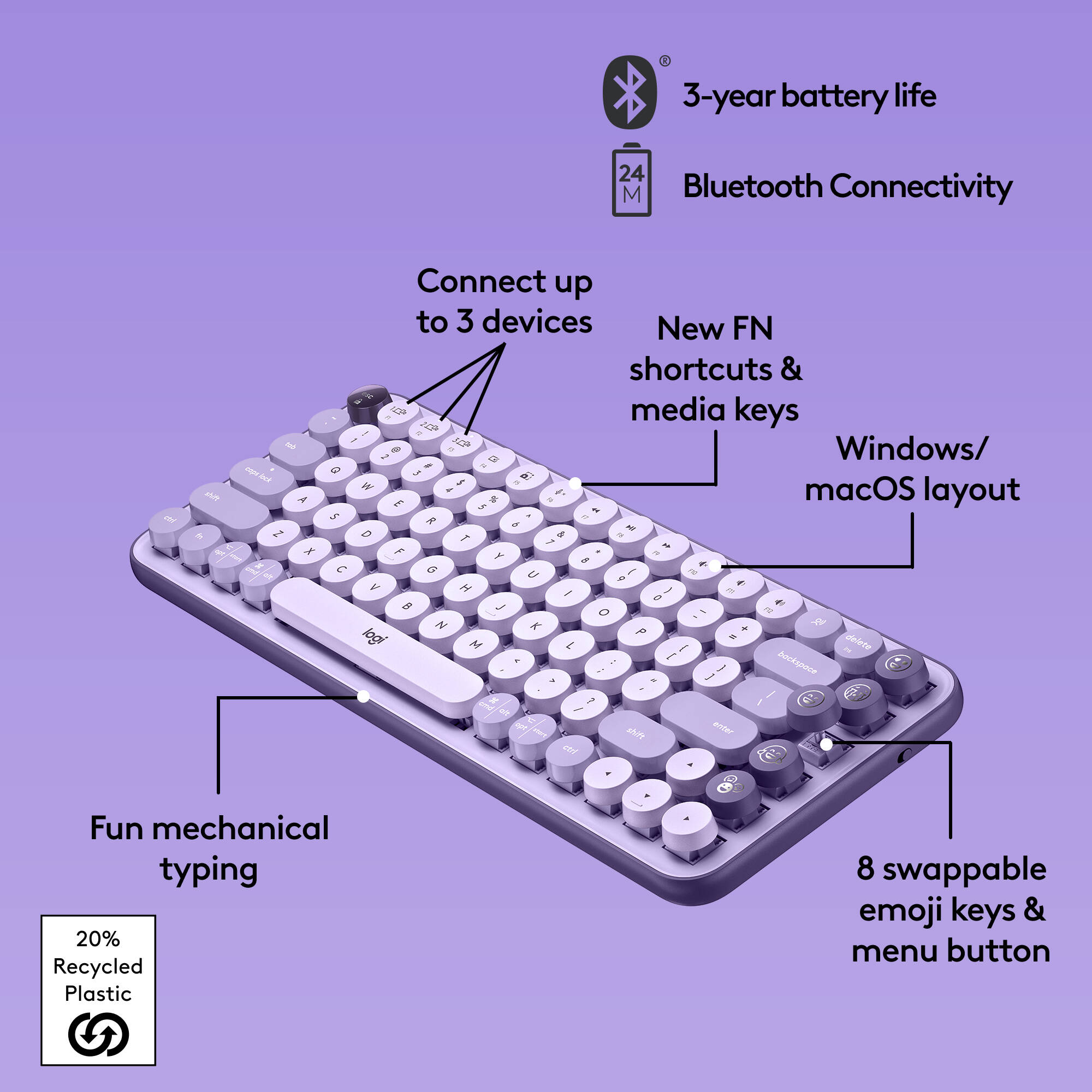 Logitech POP Keys Mechanical Wireless Keyboard in Cosmos with compact wireless design — view 6