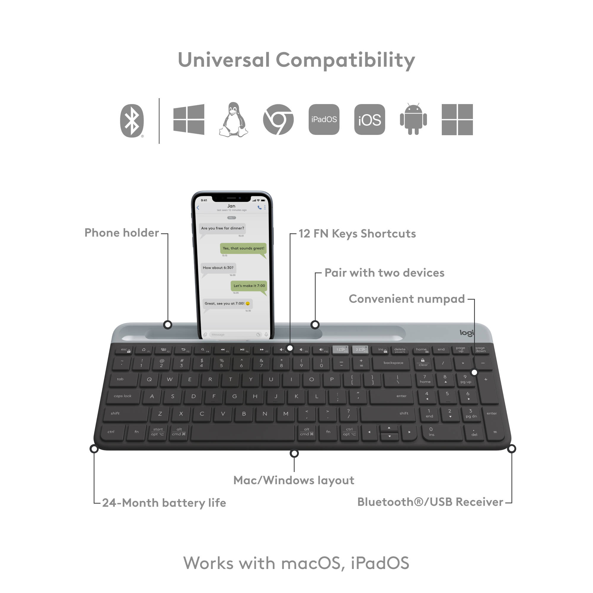 Logitech K585 Slim wireless multi-device keyboard in graphite with compact low-profile design — view 11
