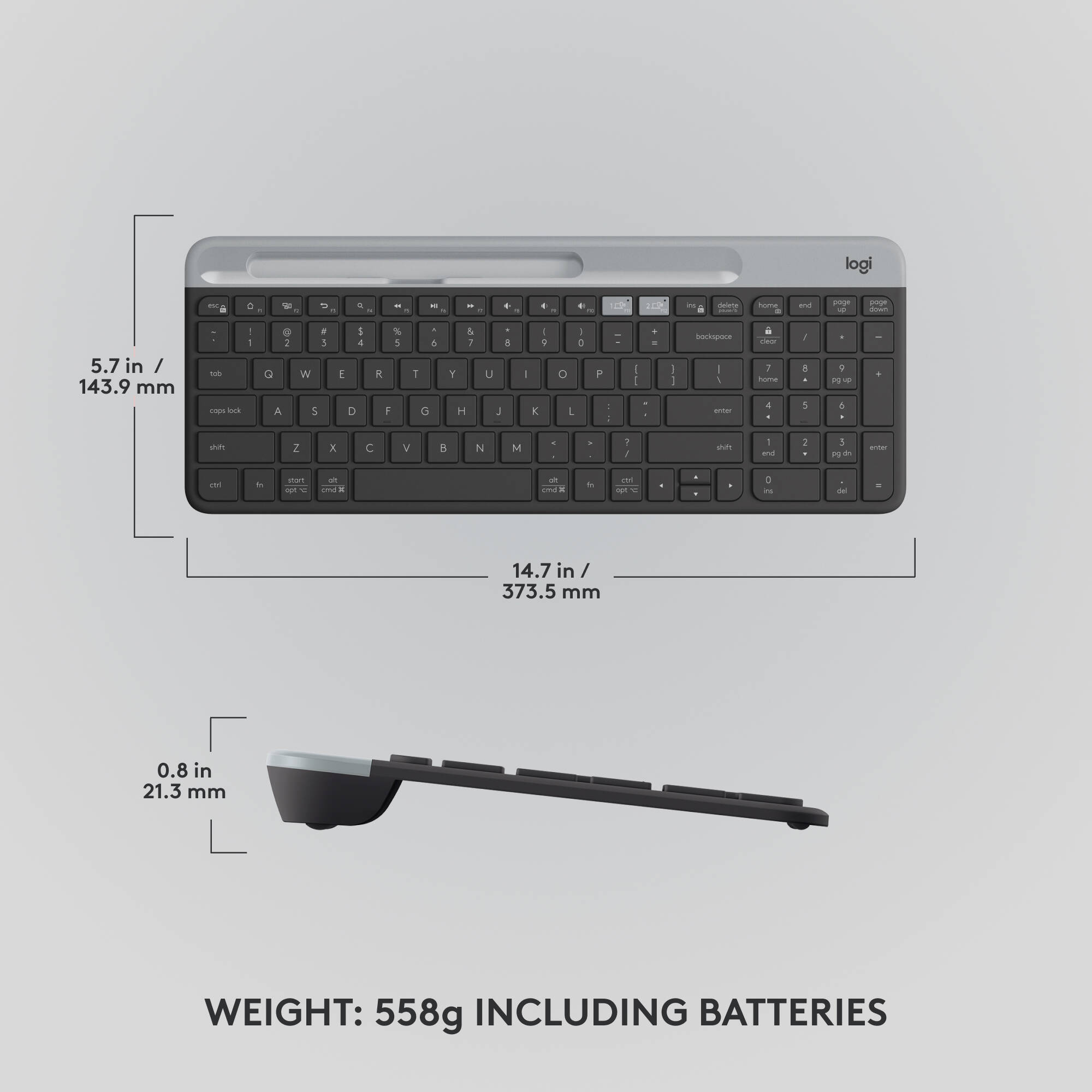 Logitech K585 Slim wireless multi-device keyboard in graphite with compact low-profile design — view 13