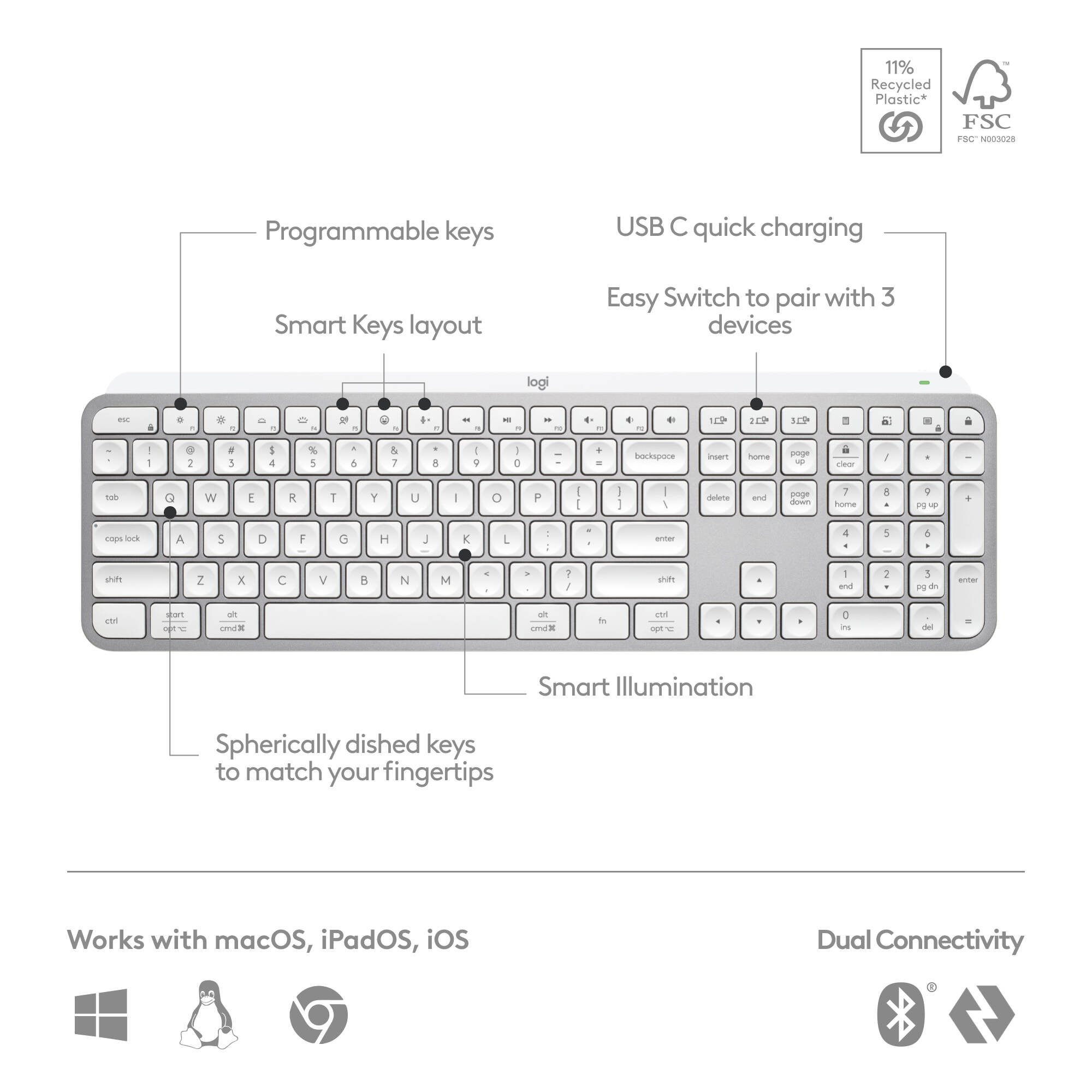 Logitech MX Keys S Pale Grey wireless keyboard with backlit keys and slim profile — view 6
