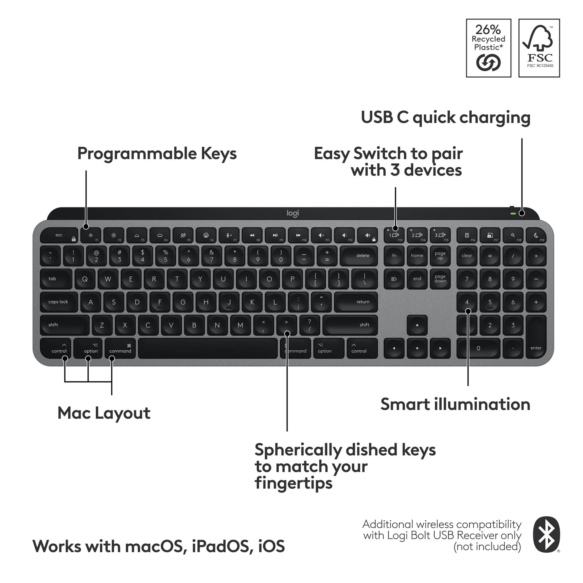 Logitech MX Keys S for Mac wireless keyboard in grey with Mac layout — view 6
