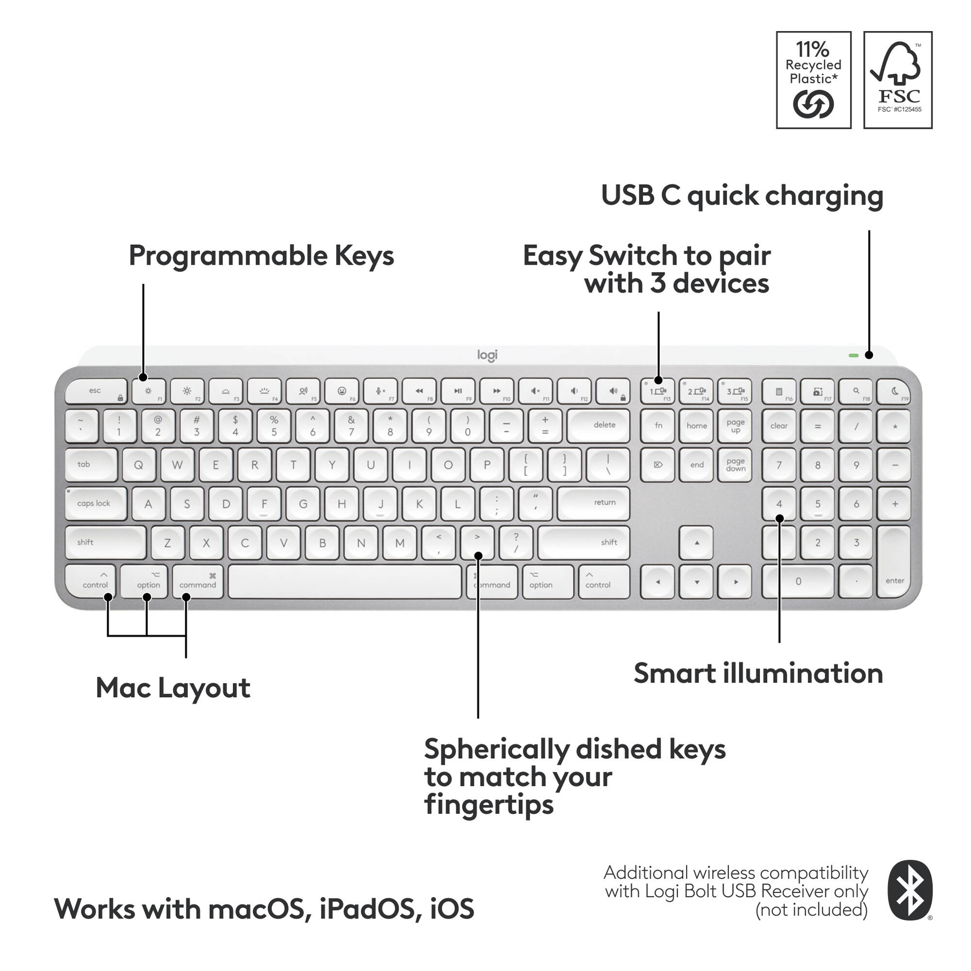 Logitech MX Keys S for Mac Pale Grey wireless low-profile keyboard — view 6