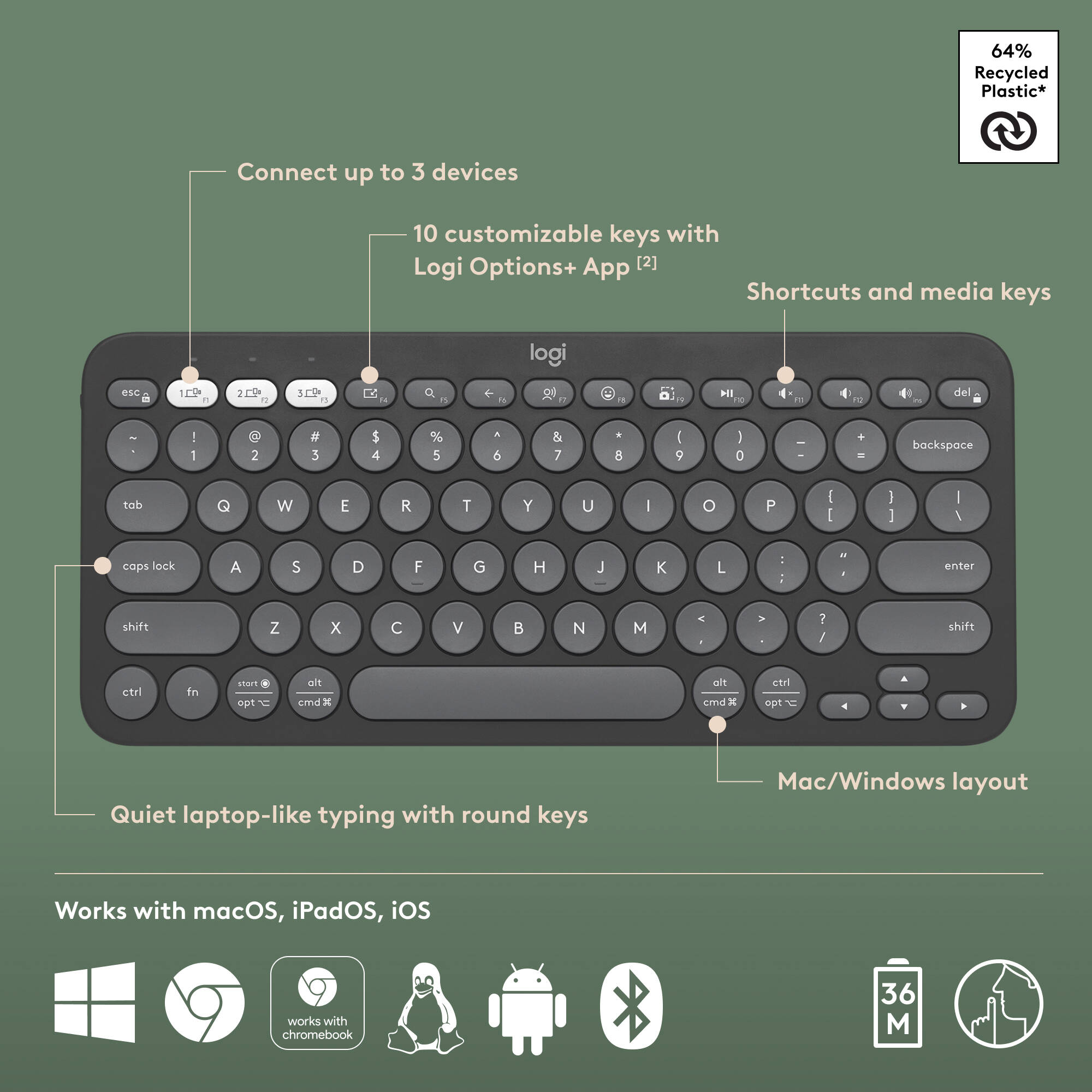 Logitech K380s Pebble Keys 2 wireless compact keyboard in Tonal Graphite — view 6