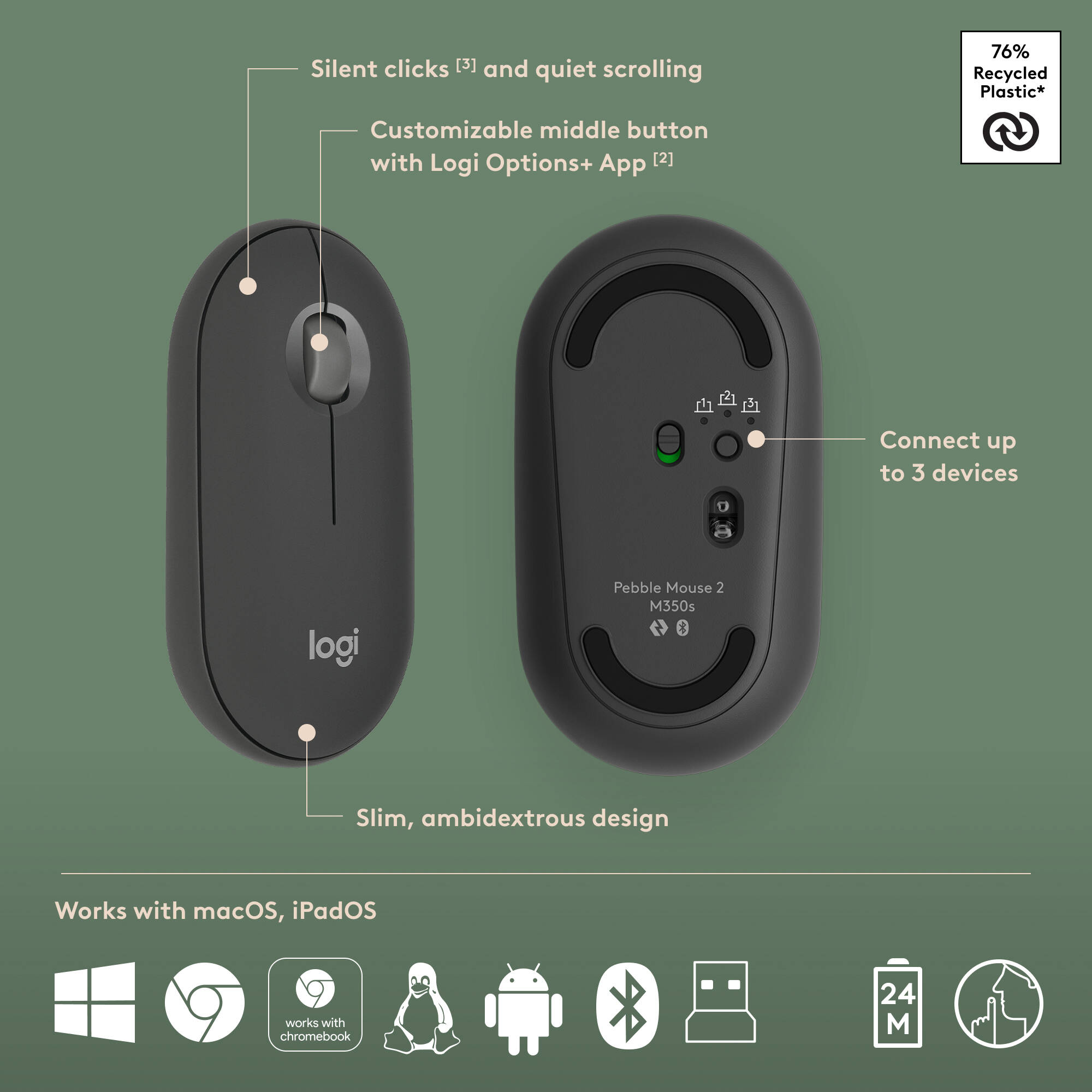 Logitech Pebble 2 wireless keyboard and mouse combo in graphite — view 7
