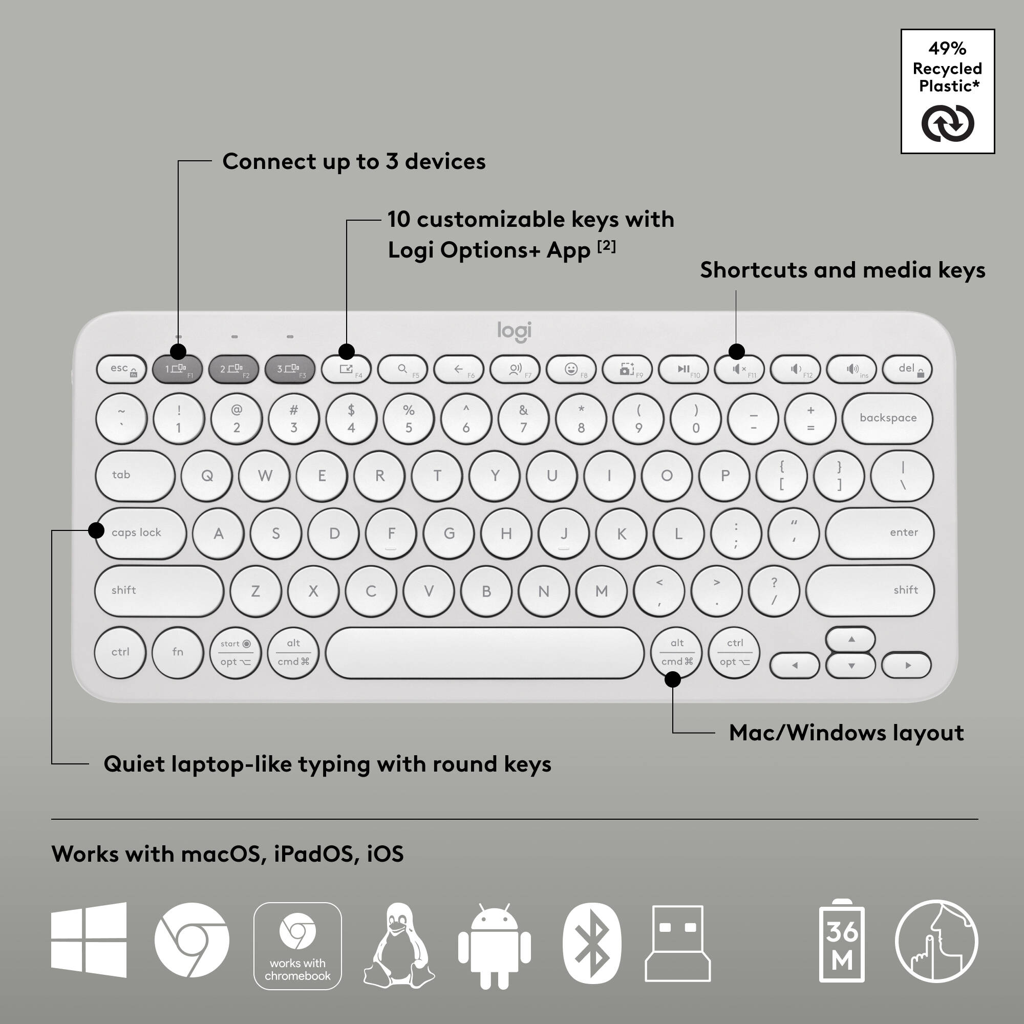 Logitech Pebble 2 Wireless Combo in White with compact keyboard and matching mouse — view 6