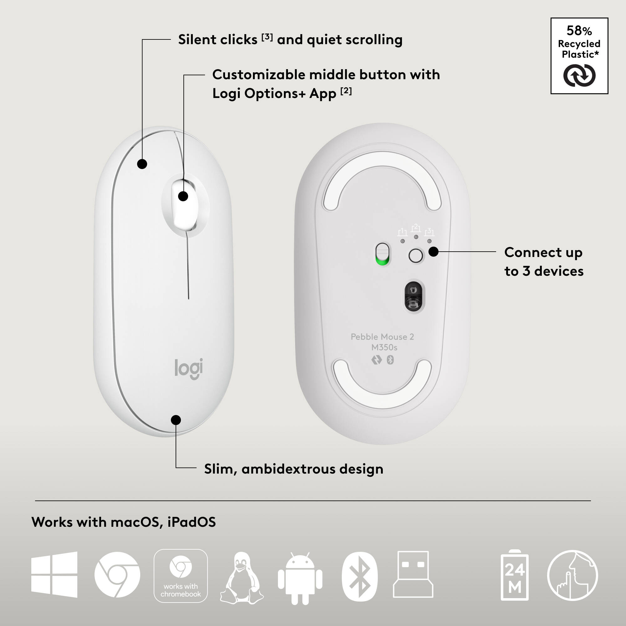 Logitech Pebble 2 Wireless Combo in White with compact keyboard and matching mouse — view 7