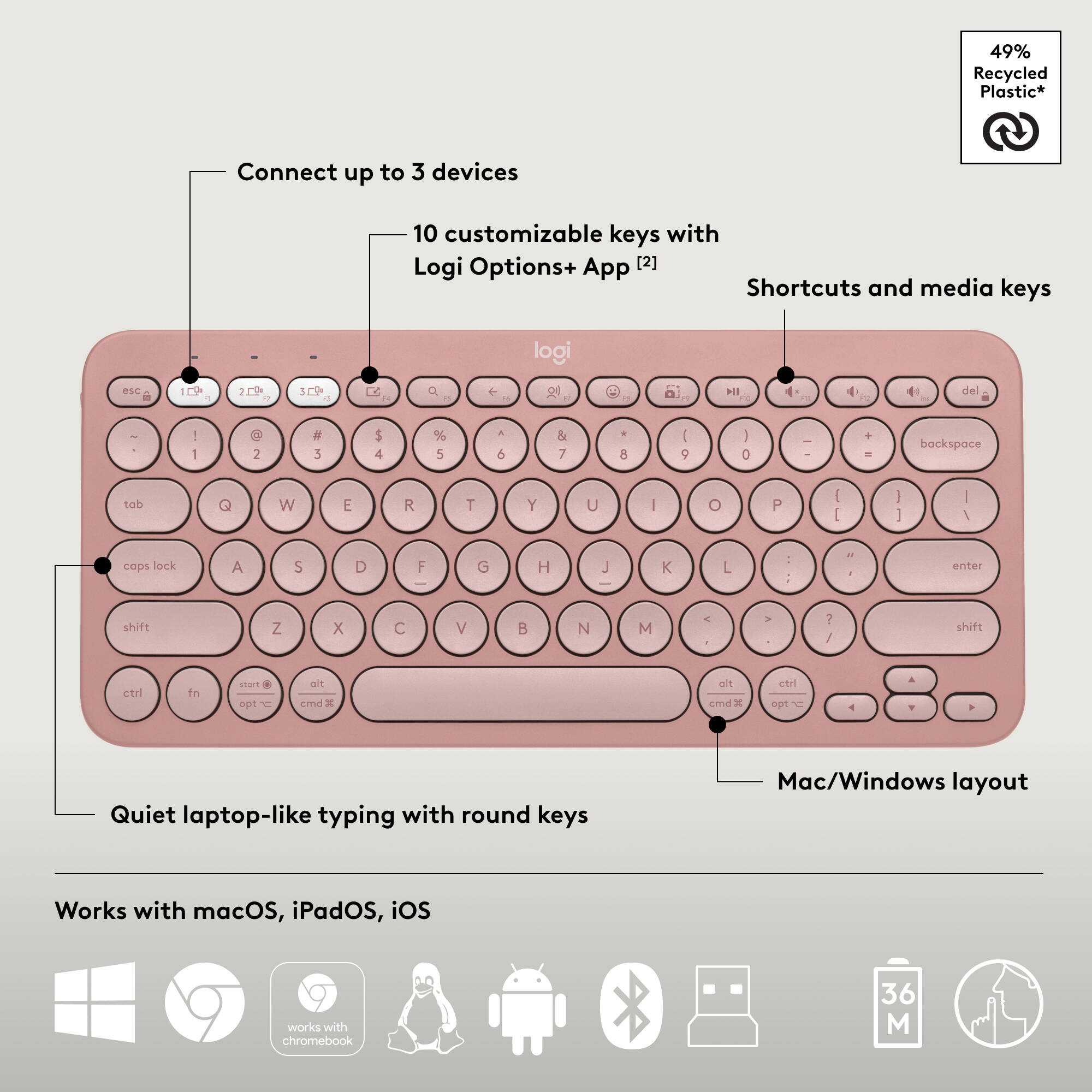 Logitech Pebble 2 Wireless Combo in Rose with compact keyboard and matching mouse — view 6