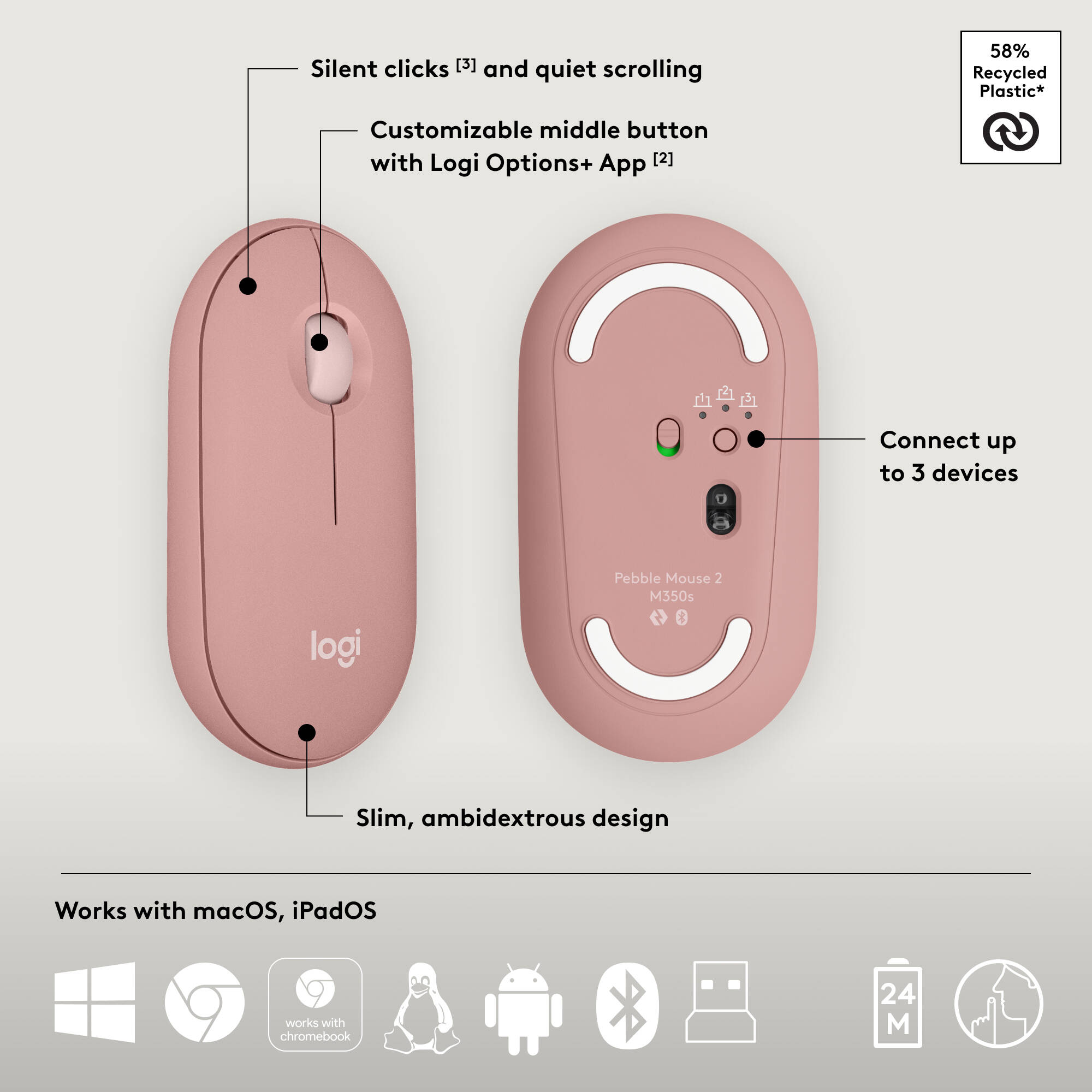 Logitech Pebble 2 Wireless Combo in Rose with compact keyboard and matching mouse — view 7