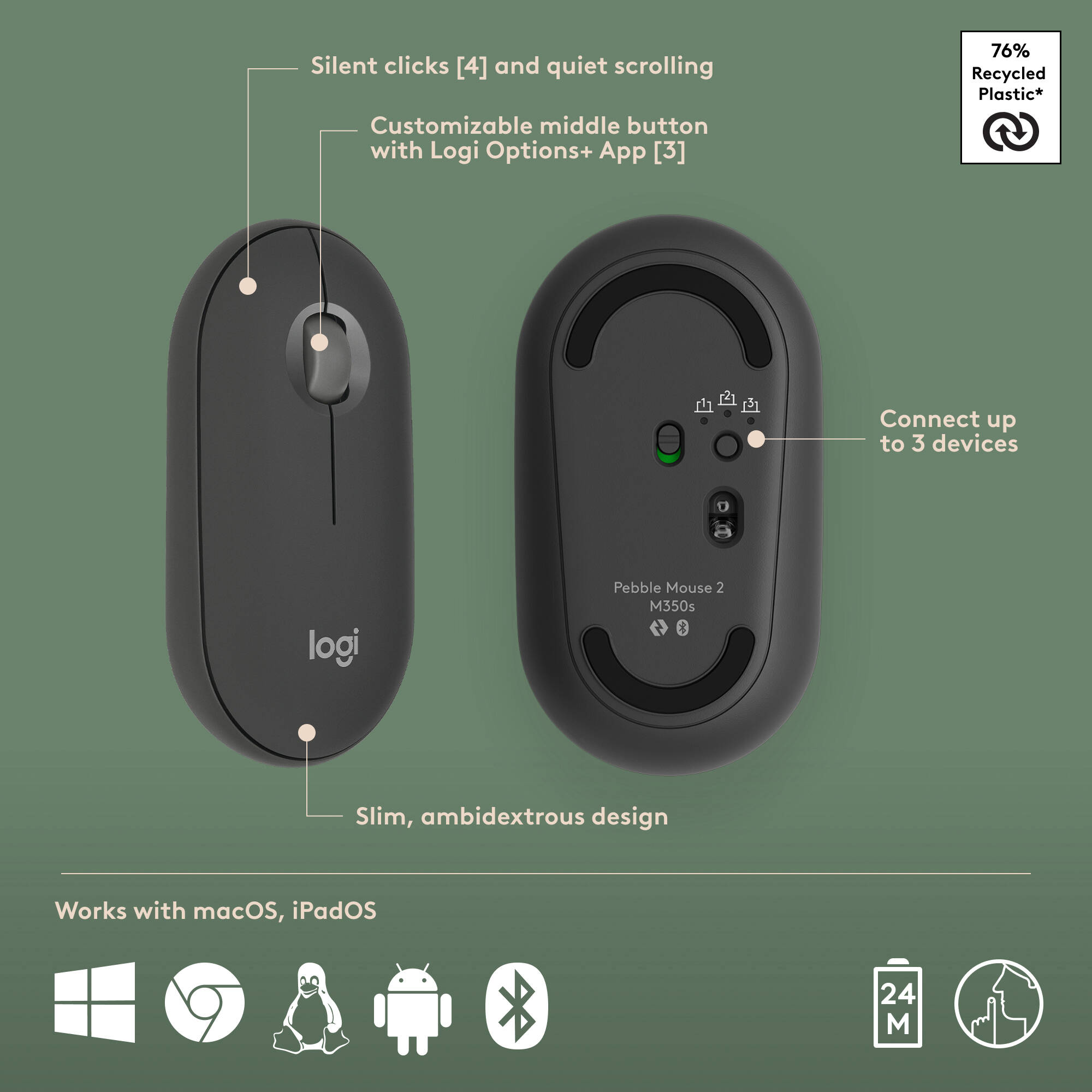 Logitech Pebble 2 combo for Mac in Tonal Graphite with compact Bluetooth keyboard and mouse — view 7