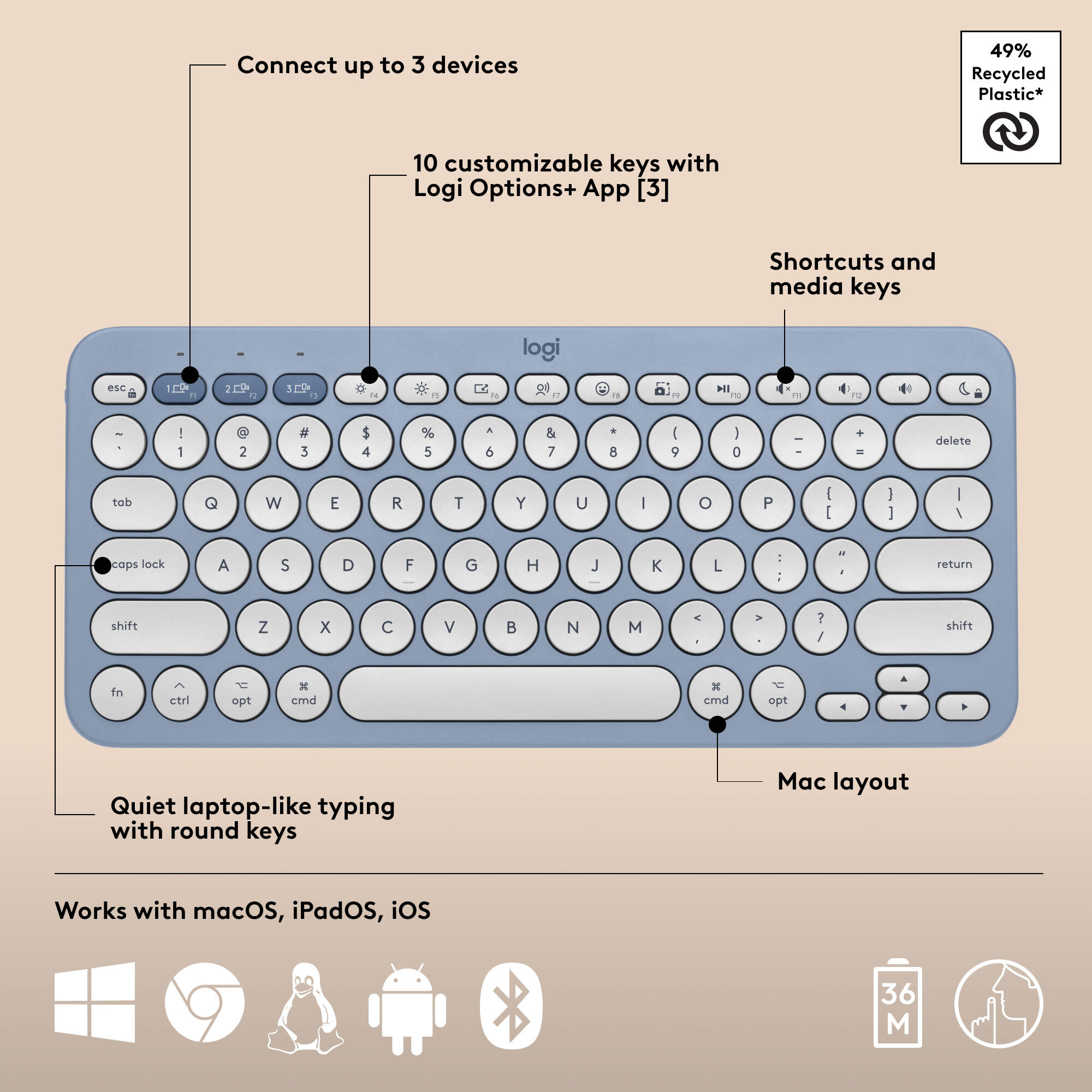 Logitech Pebble 2 Combo for Mac in blue with compact wireless keyboard and mouse — view 6