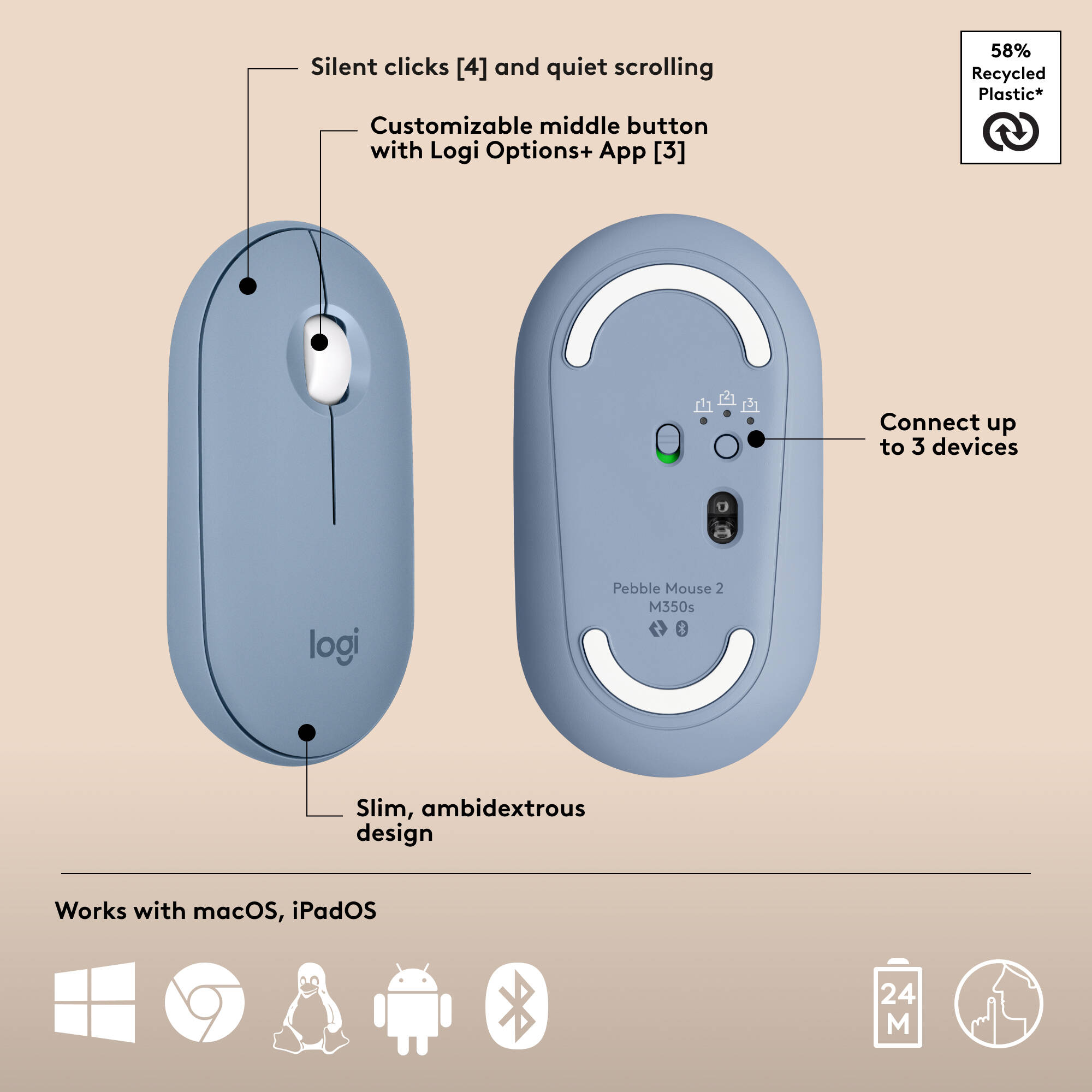 Logitech Pebble 2 Combo for Mac in blue with compact wireless keyboard and mouse — view 7