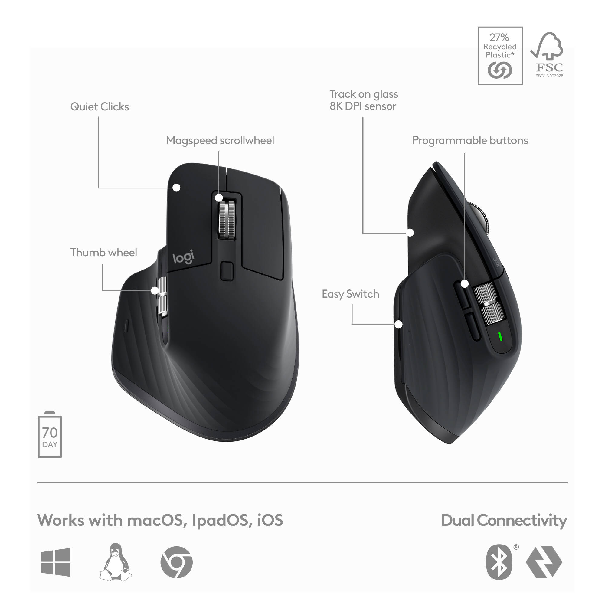 Logitech MX Keys S Combo wireless keyboard and mouse in black — view 7