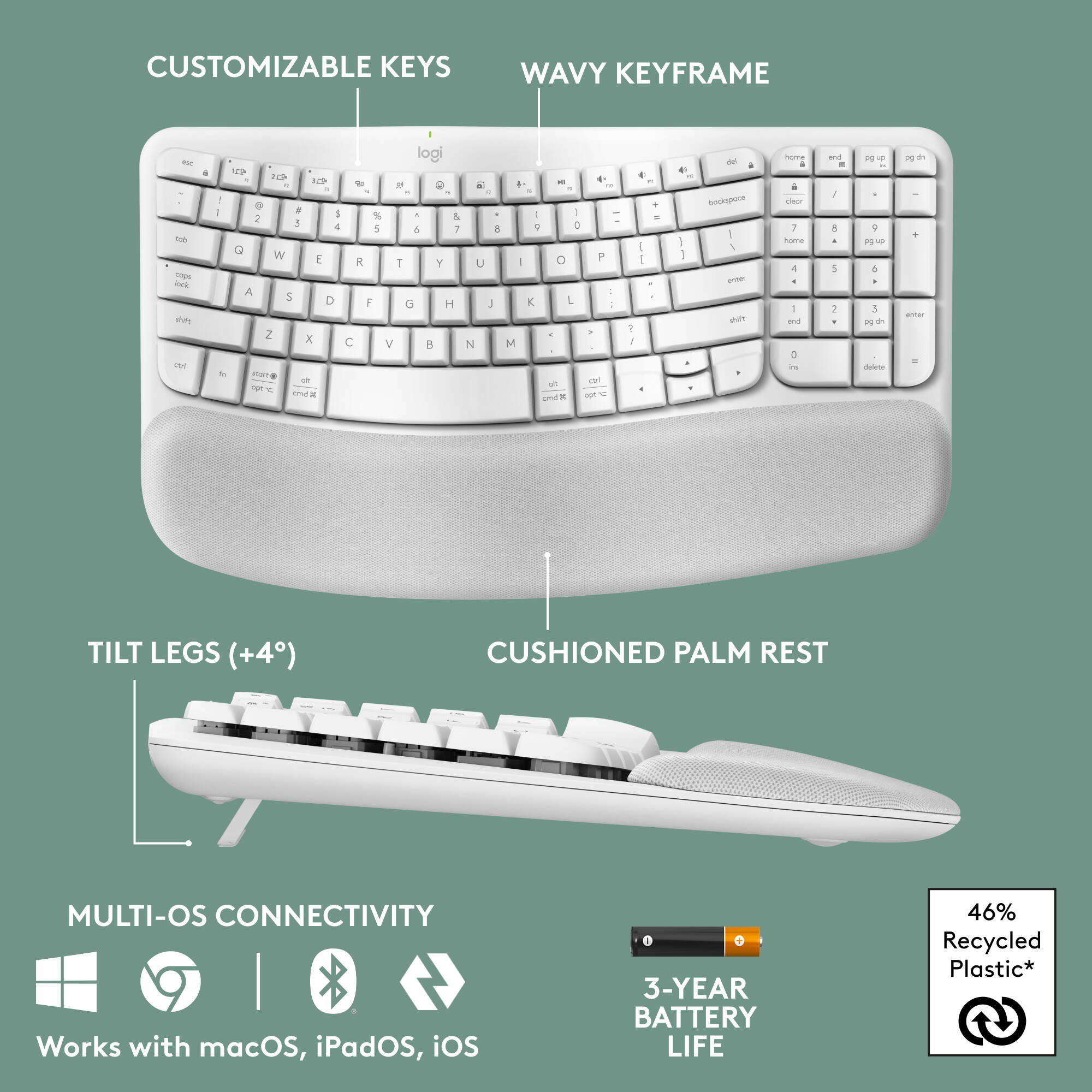 Logitech Wireless Wave Keys ergonomic wireless keyboard in Off White — view 6