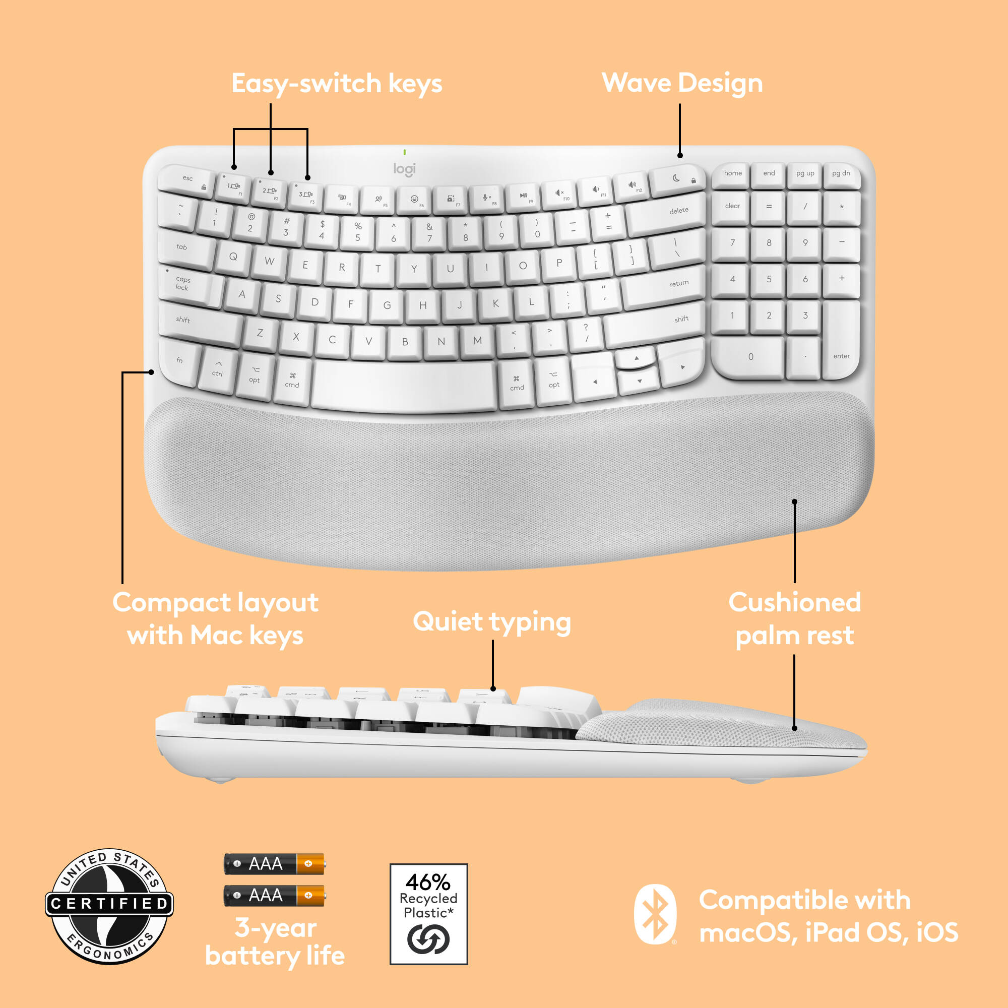 Logitech Wave Keys for Mac wireless ergonomic keyboard in white — view 6
