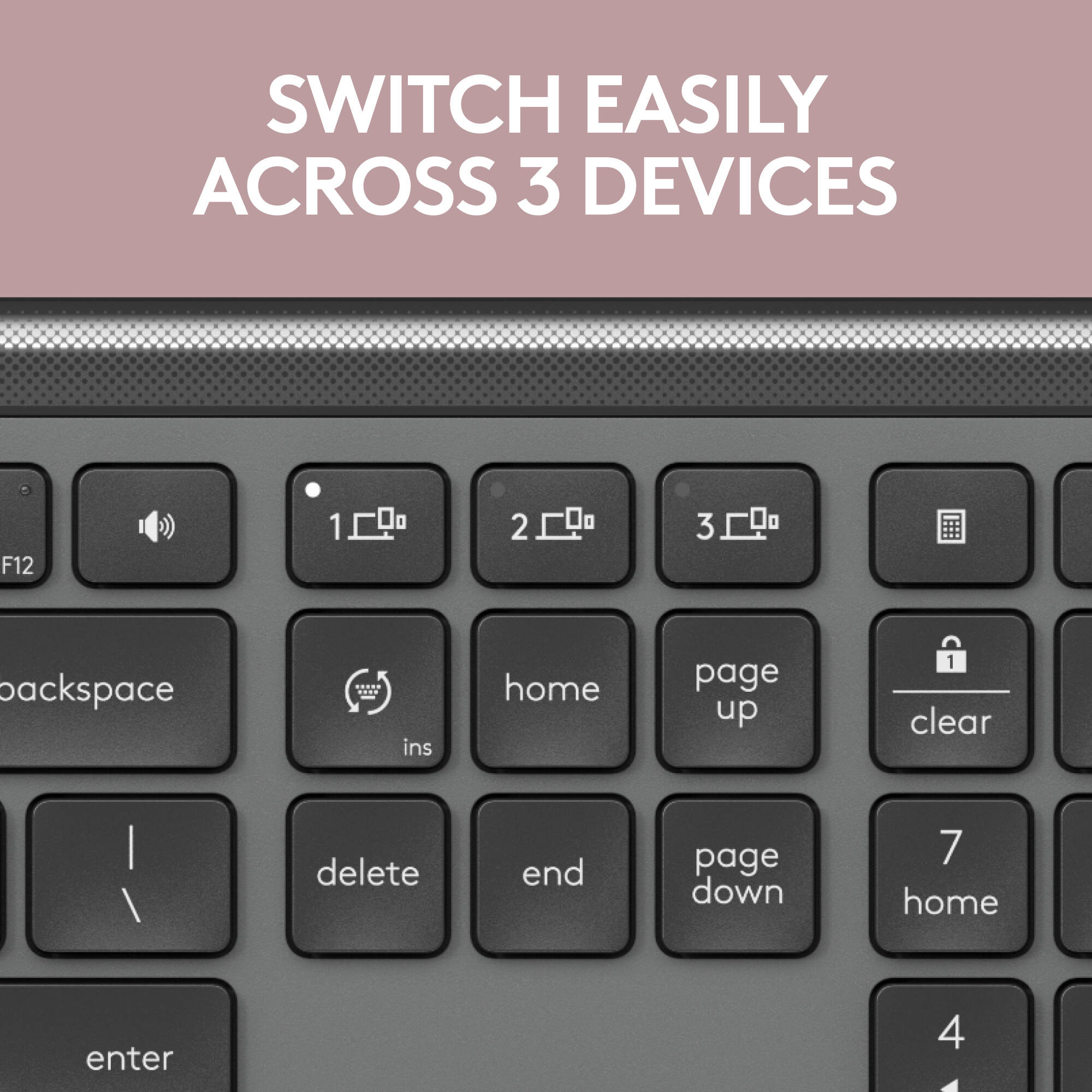 Logitech K950 Signature Slim wireless keyboard in graphite with slim low-profile design — view 3