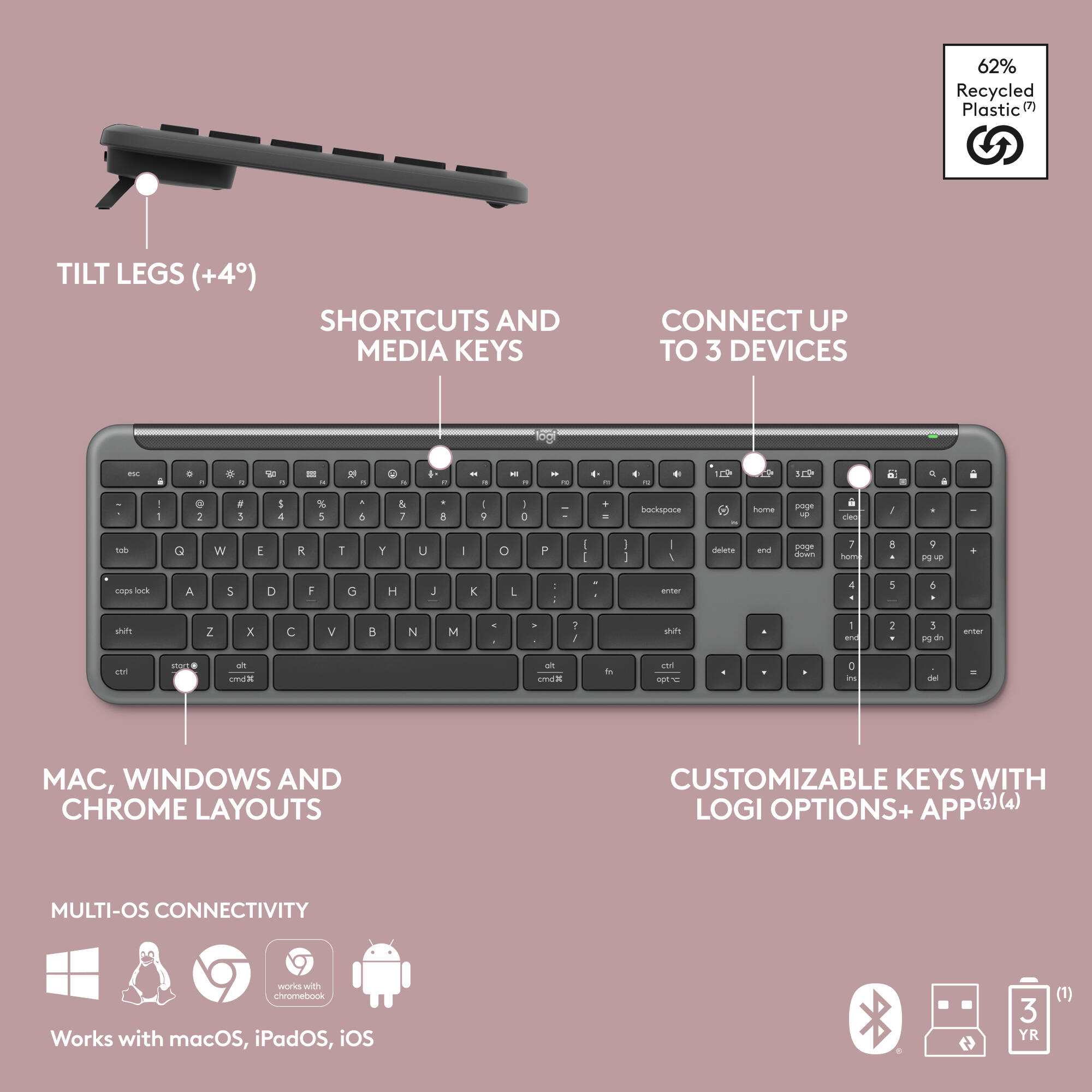 Logitech K950 Signature Slim wireless keyboard in graphite with slim low-profile design — view 9