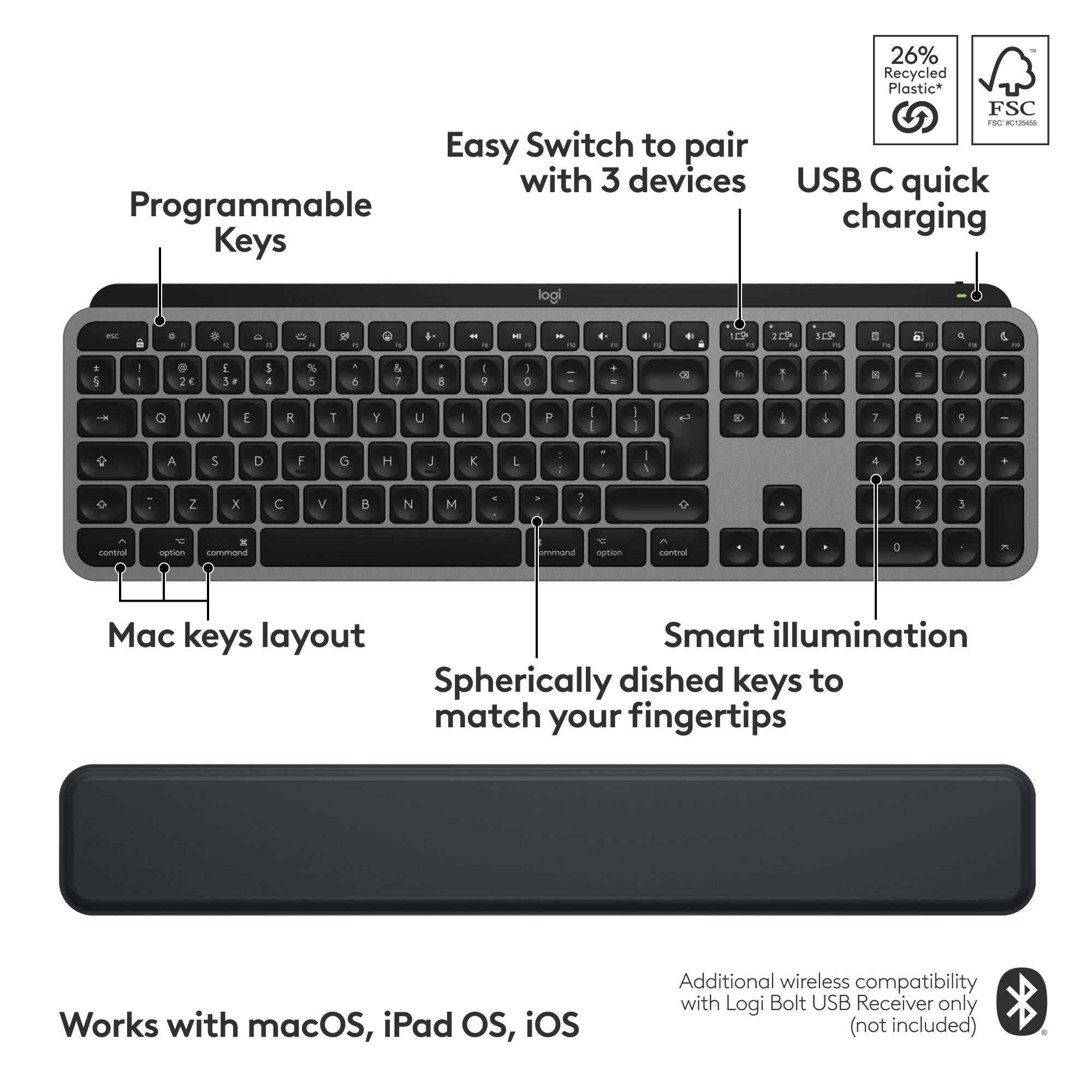 Logitech MX Keys S Combo for Mac wireless keyboard and mouse set in Grey — view 11