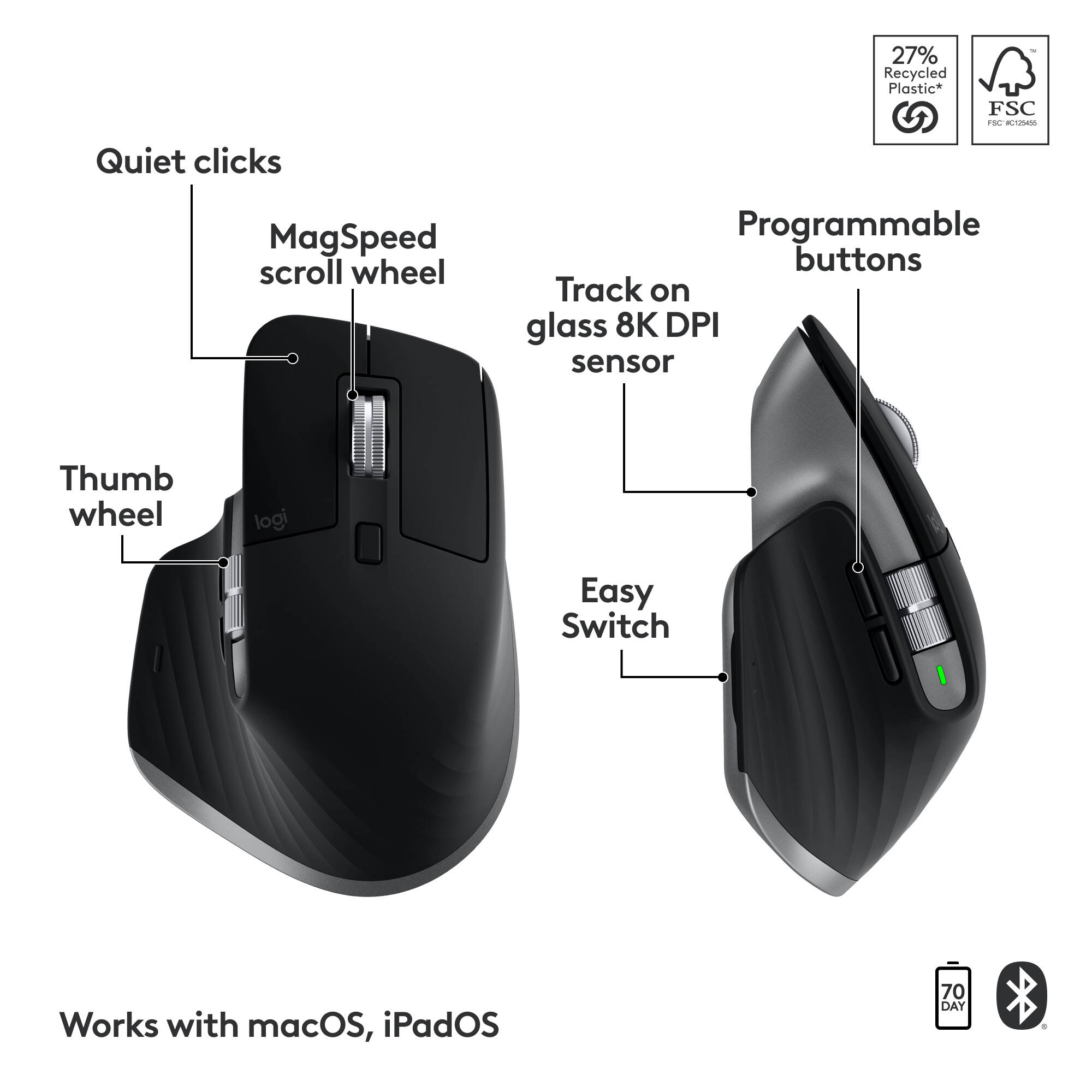 Logitech MX Keys S Combo for Mac wireless keyboard and mouse set in Grey — view 6