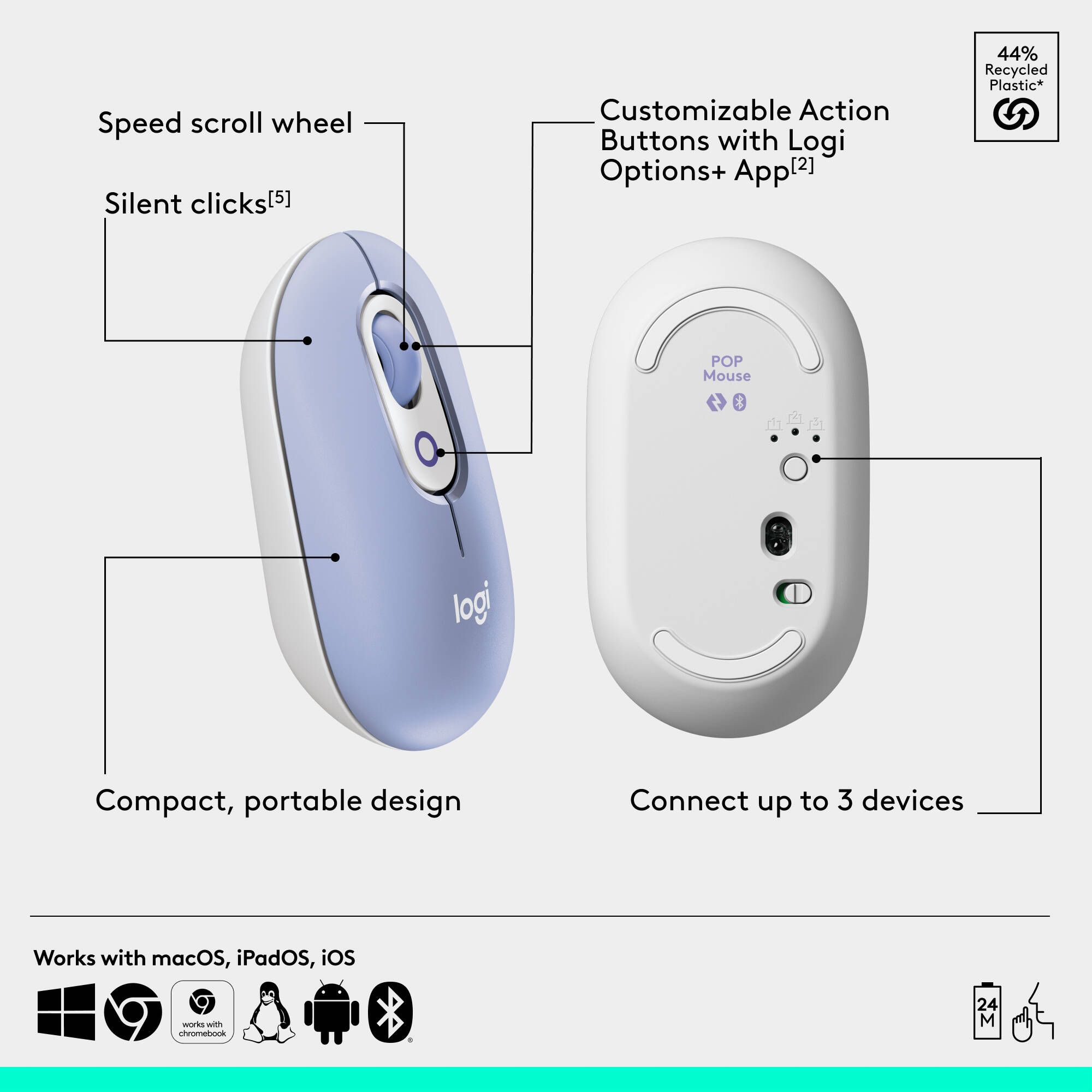 Logitech POP Icon Combo in Lilac Off White with wireless keyboard and mouse — view 7