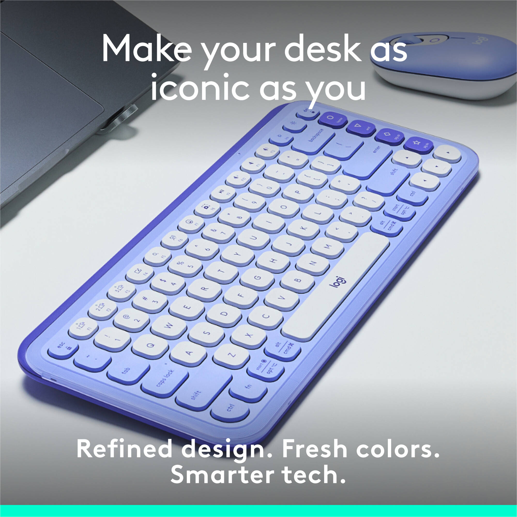 Logitech POP Icon Keys wireless keyboard in Lilac Off White, compact layout for Mac and PC — view 2
