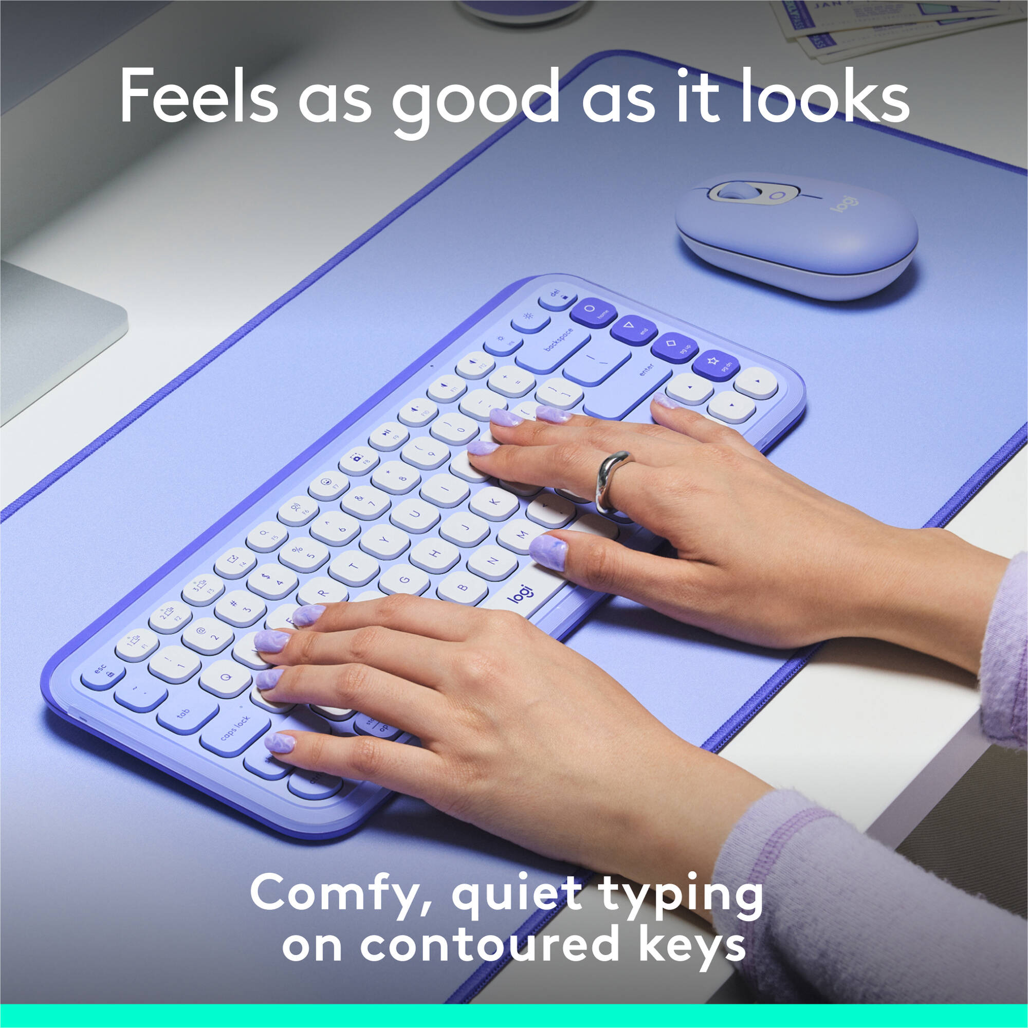 Logitech POP Icon Keys wireless keyboard in Lilac Off White, compact layout for Mac and PC — view 3