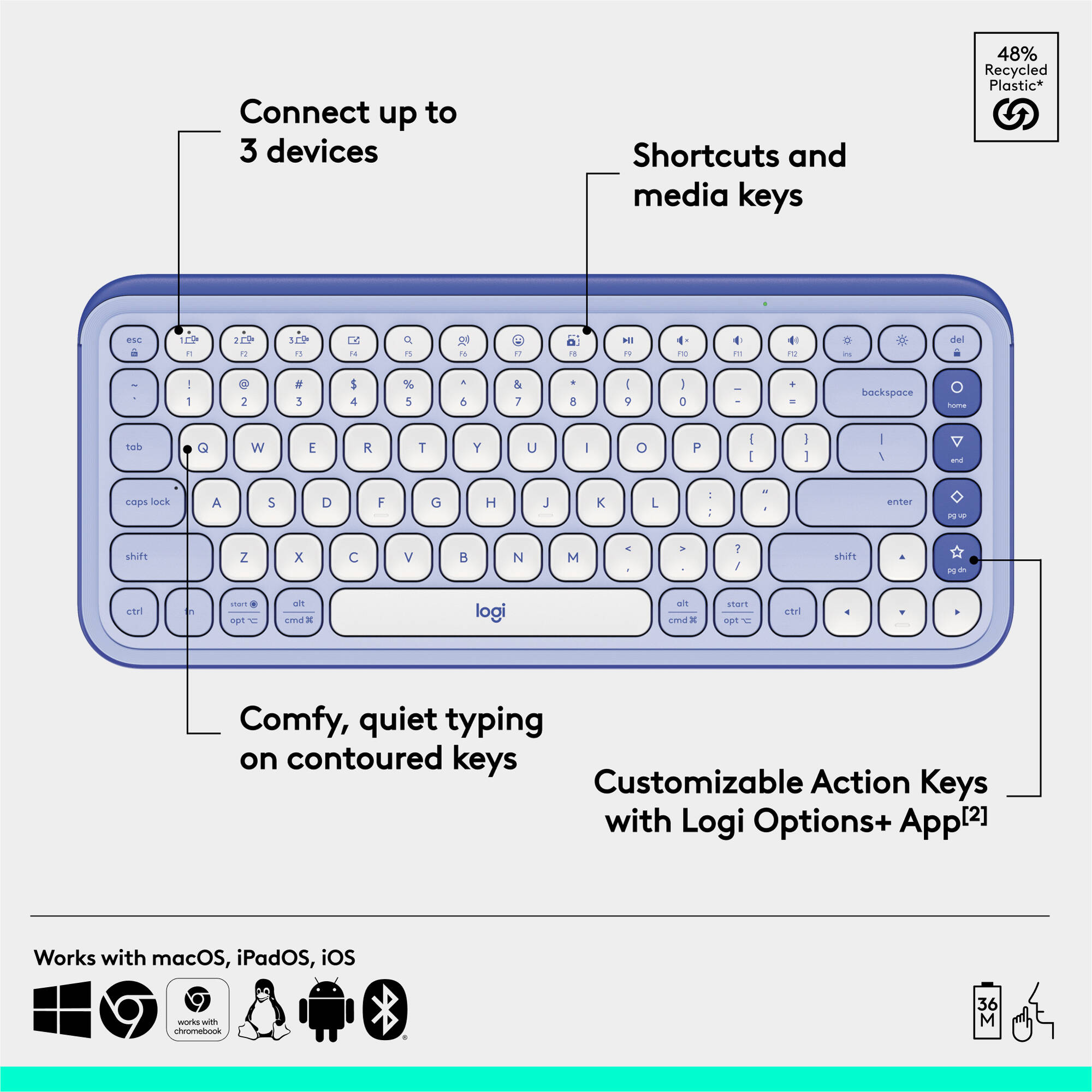 Logitech POP Icon Keys wireless keyboard in Lilac Off White, compact layout for Mac and PC — view 6